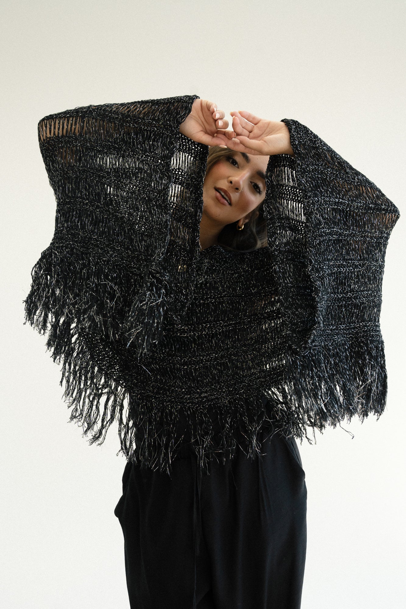 Cape-Style Knit Blouse in Shimmer Black