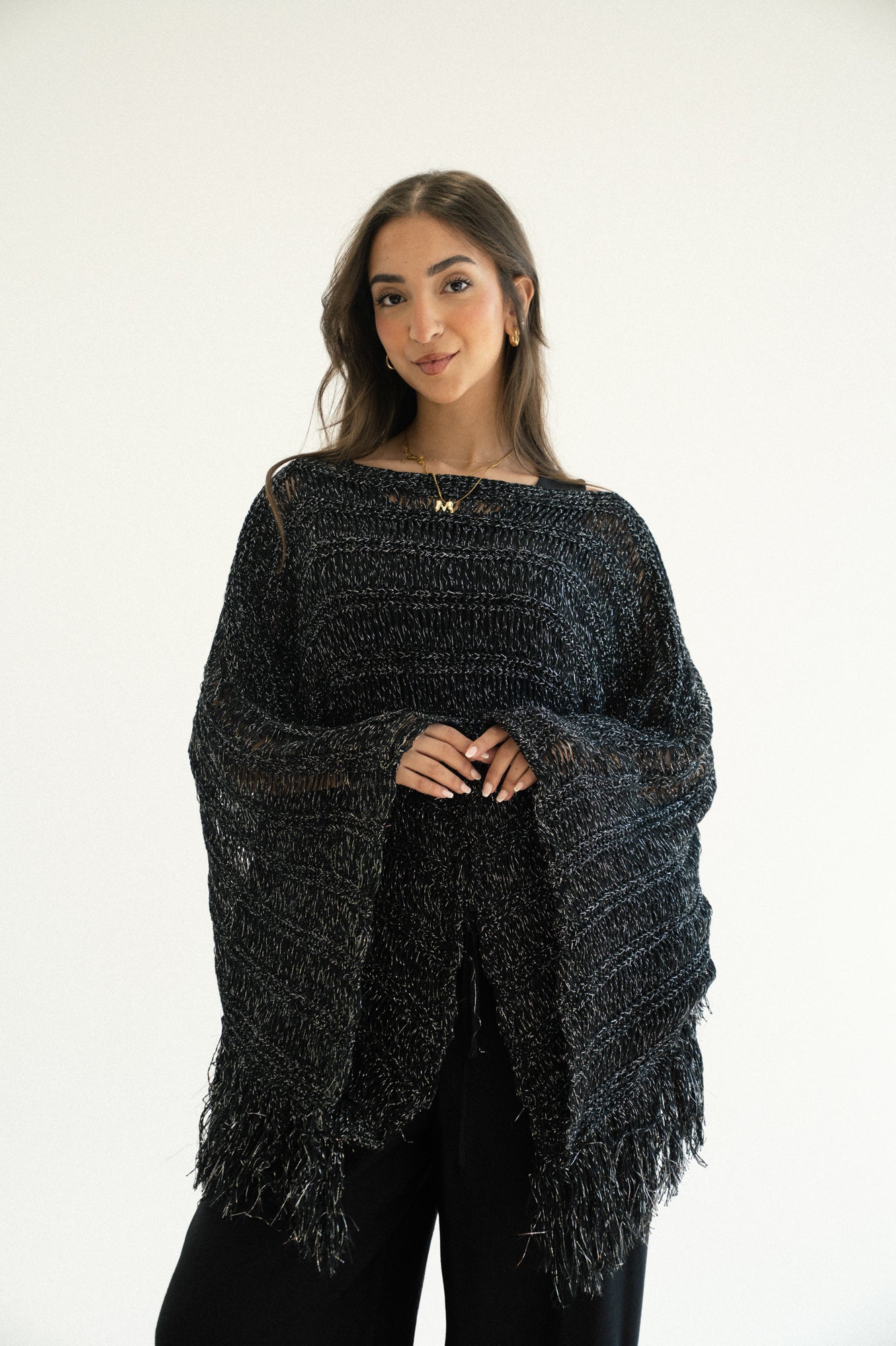 Cape-Style Knit Blouse in Shimmer Black