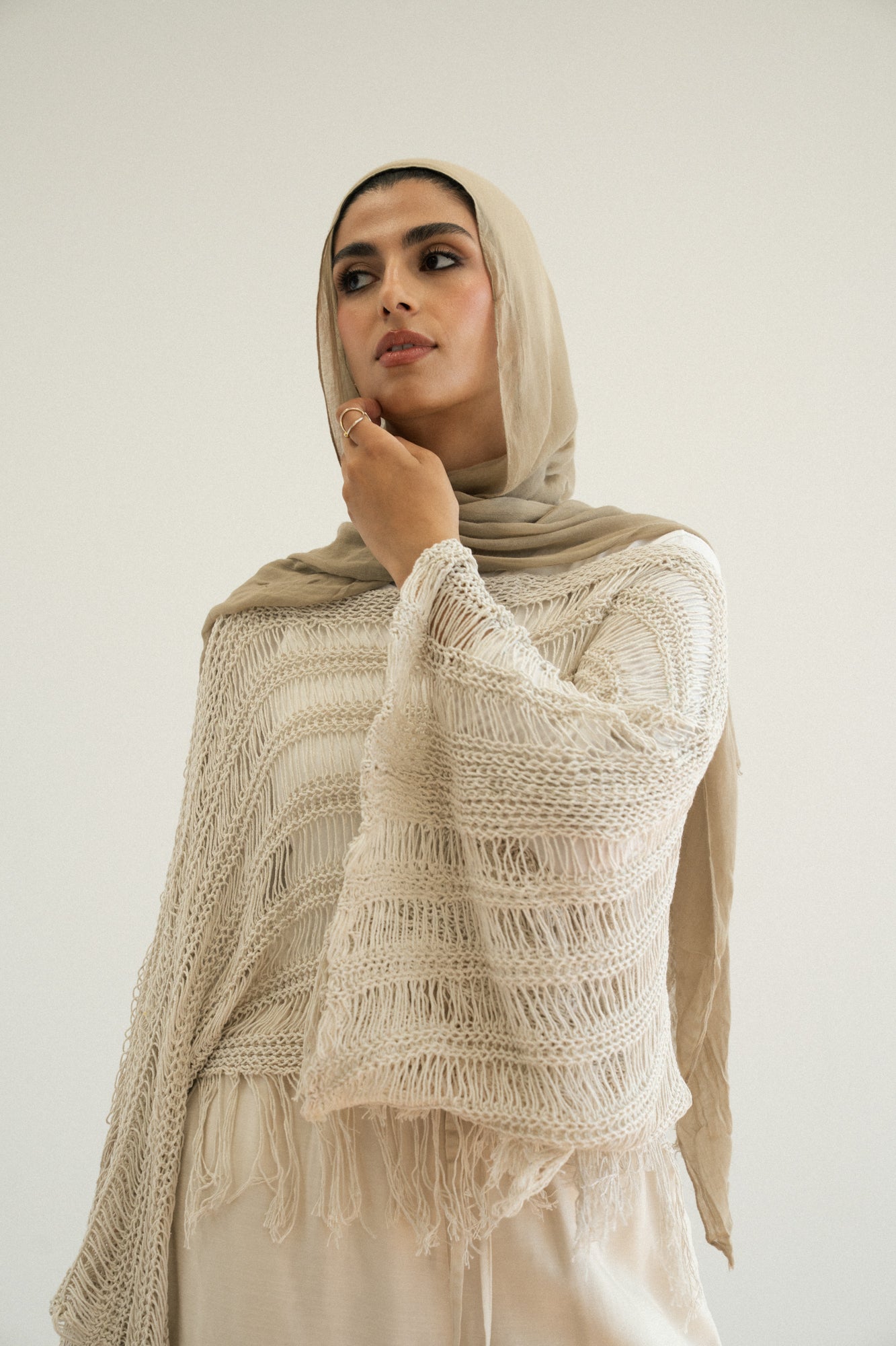 Cape-Style Knit Blouse in Offwhite