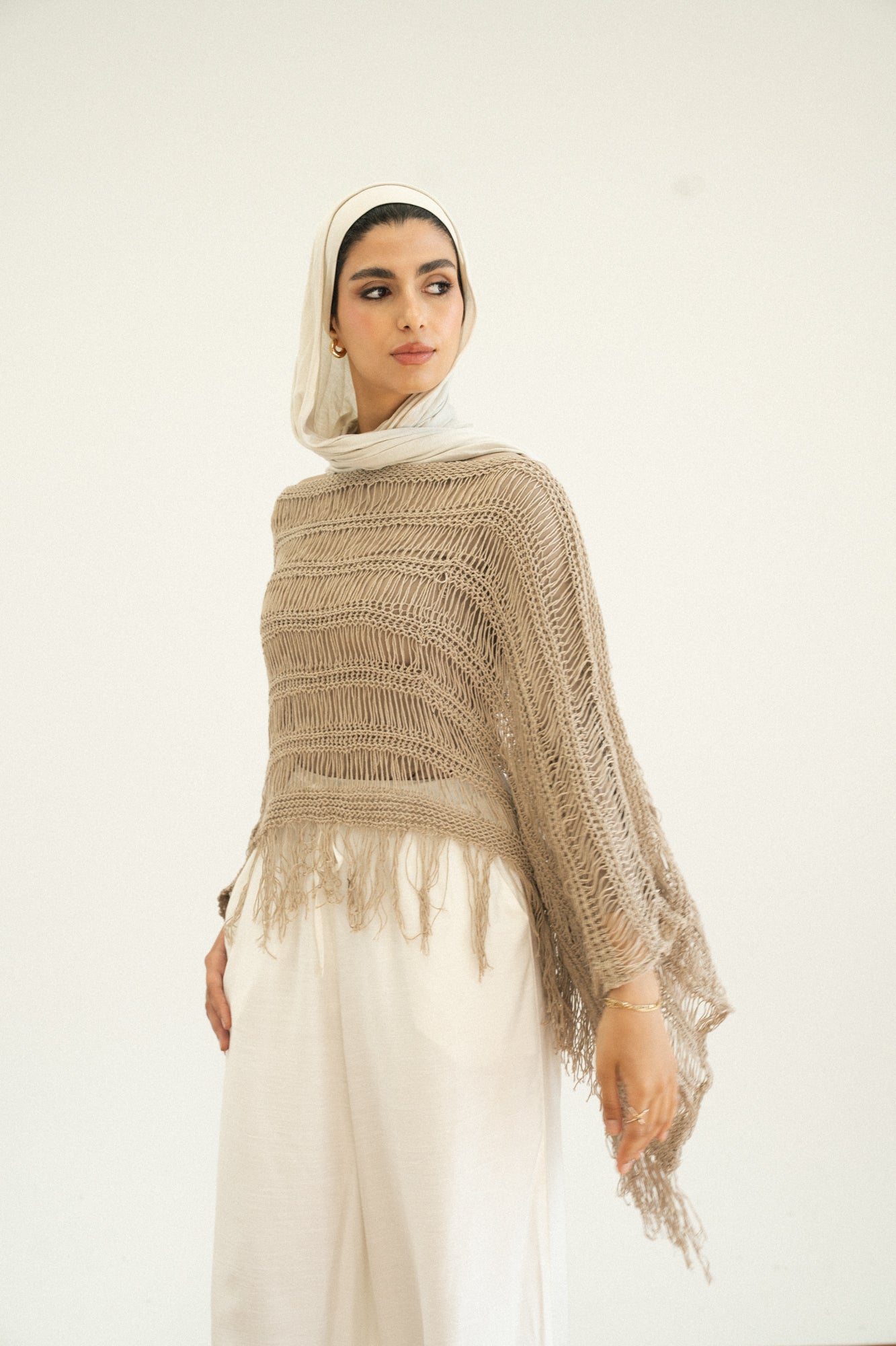 Cape-Style Knit Blouse in Cafe