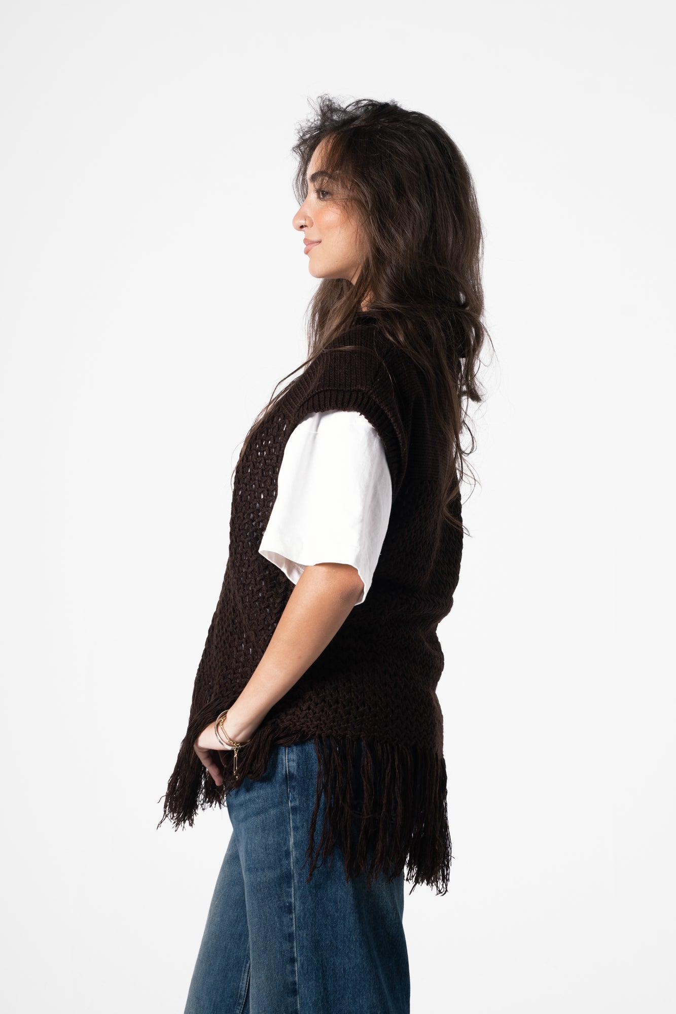 Fringes Knit Vest in Brown