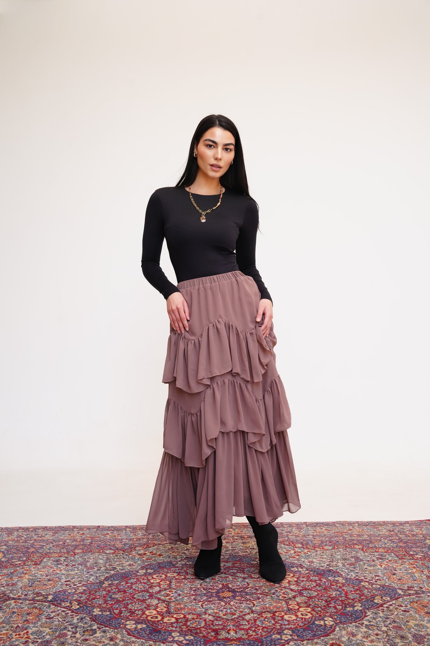 Ruffle Chiffon Skirt in Cafe