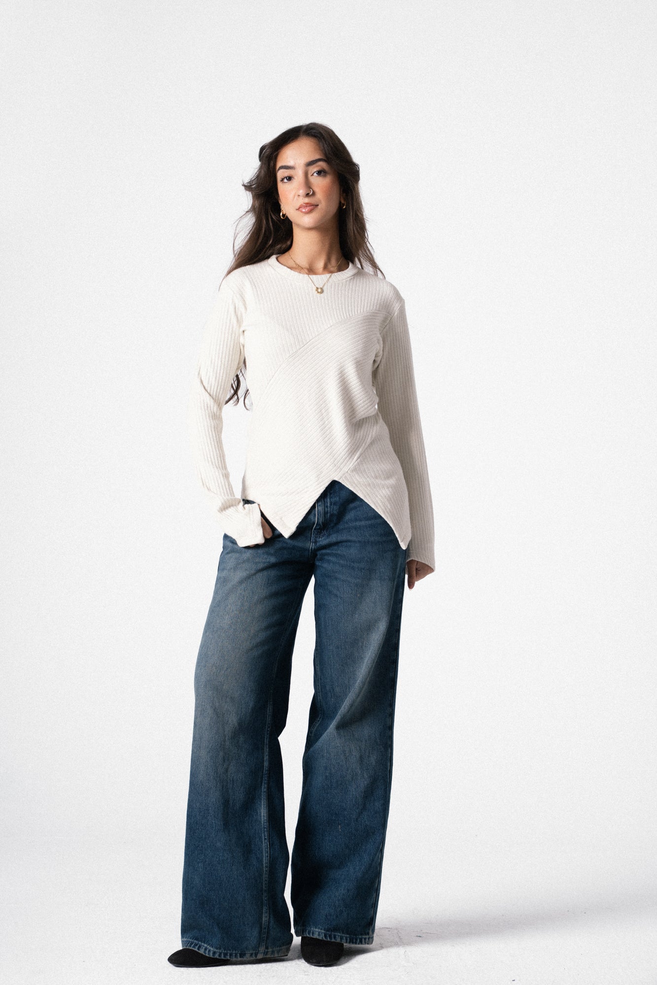 Asymmetric Shimmer Top in Offwhite