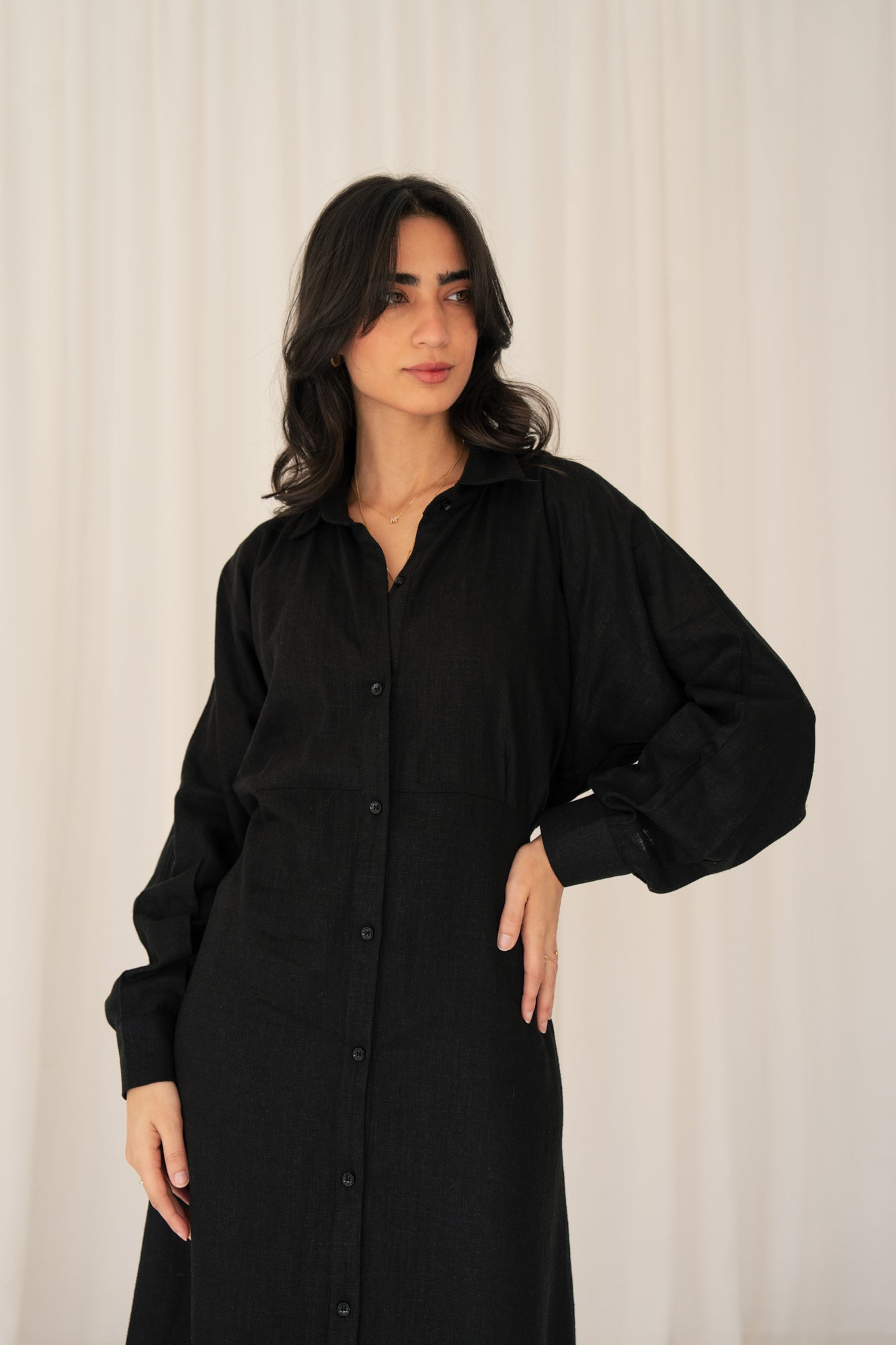Linen Flow Shirt Dress in Black