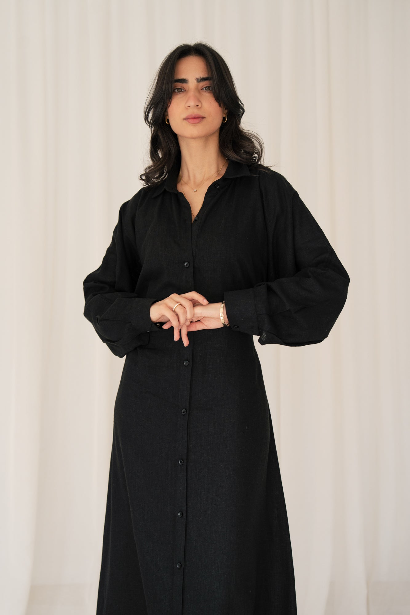 Linen Flow Shirt Dress in Black
