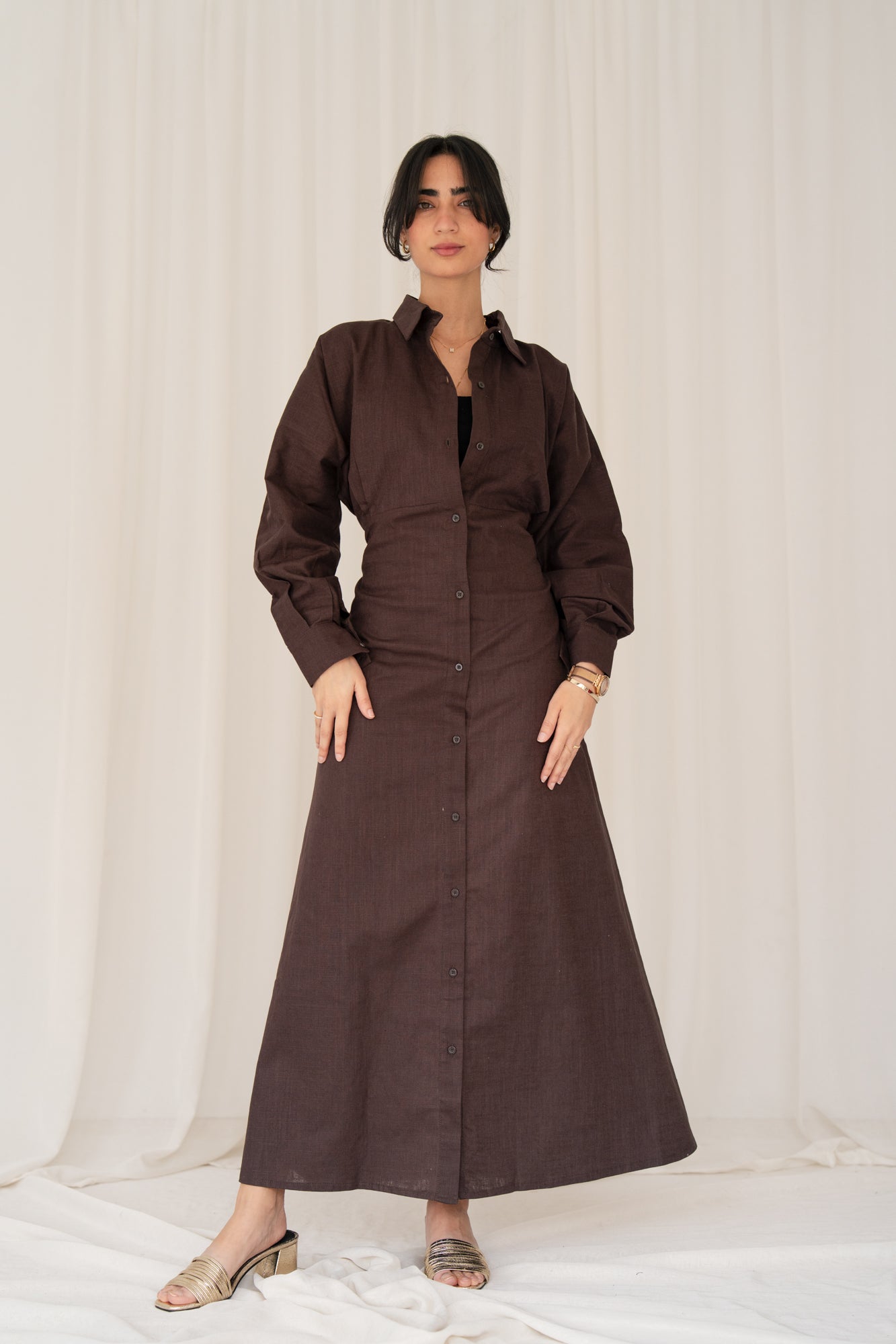 Linen Flow Shirt Dress in Brown