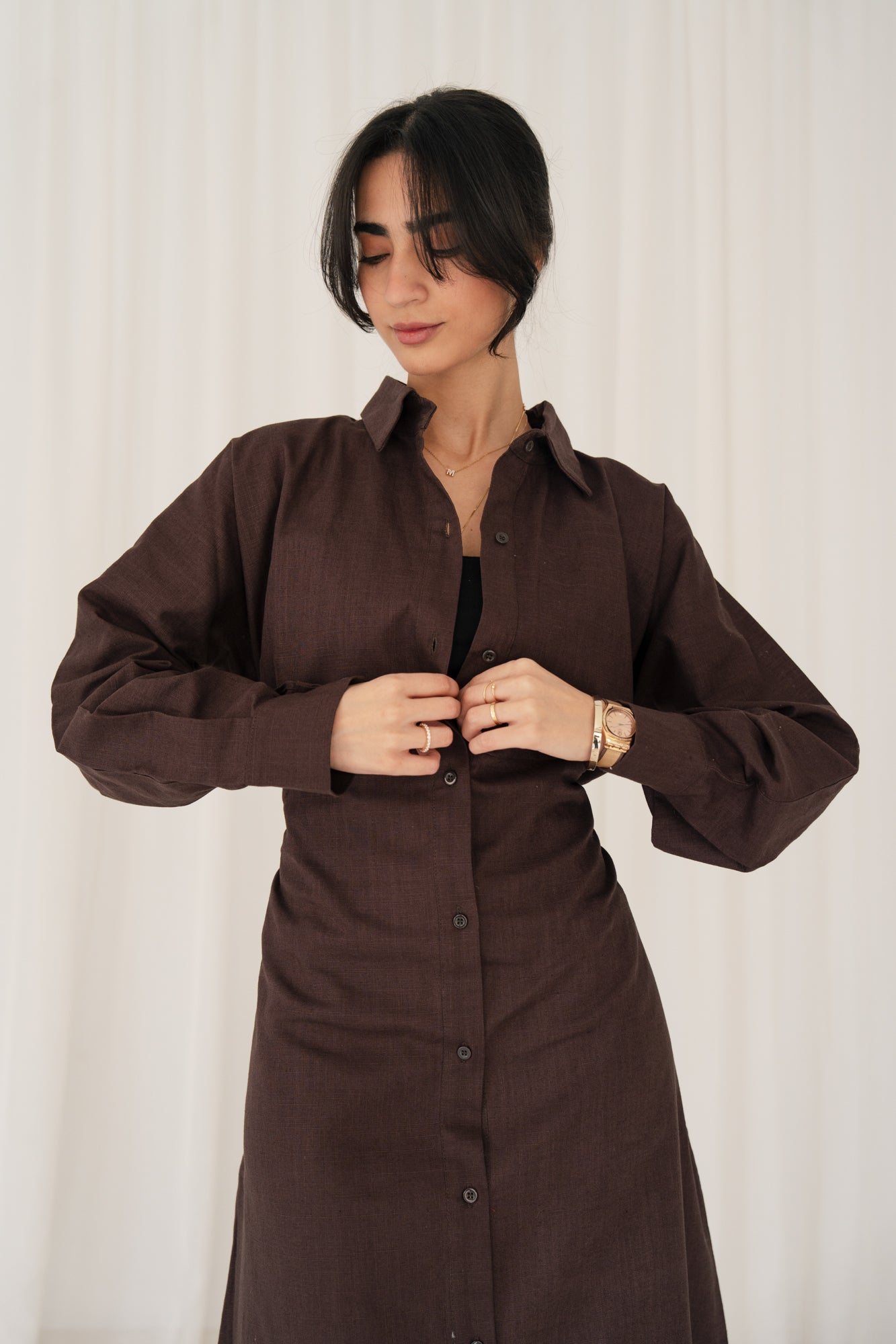 Linen Flow Shirt Dress in Brown