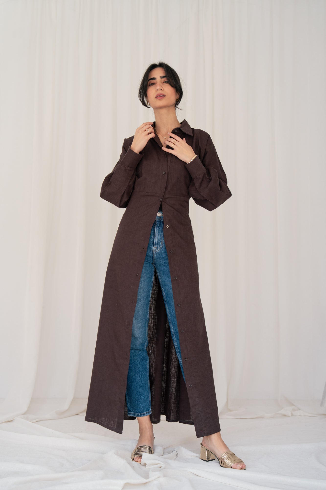Linen Flow Shirt Dress in Brown