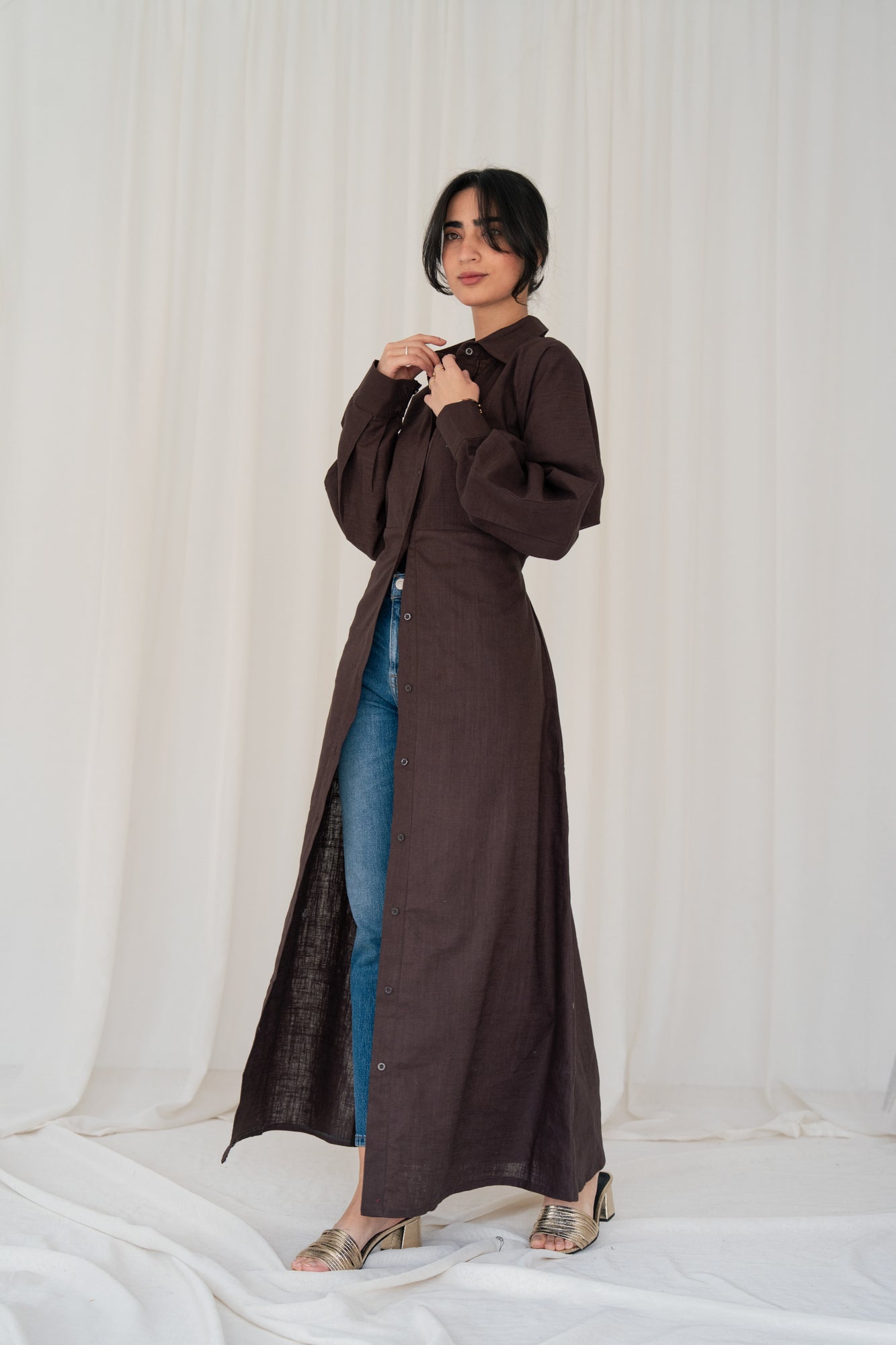 Linen Flow Shirt Dress in Brown