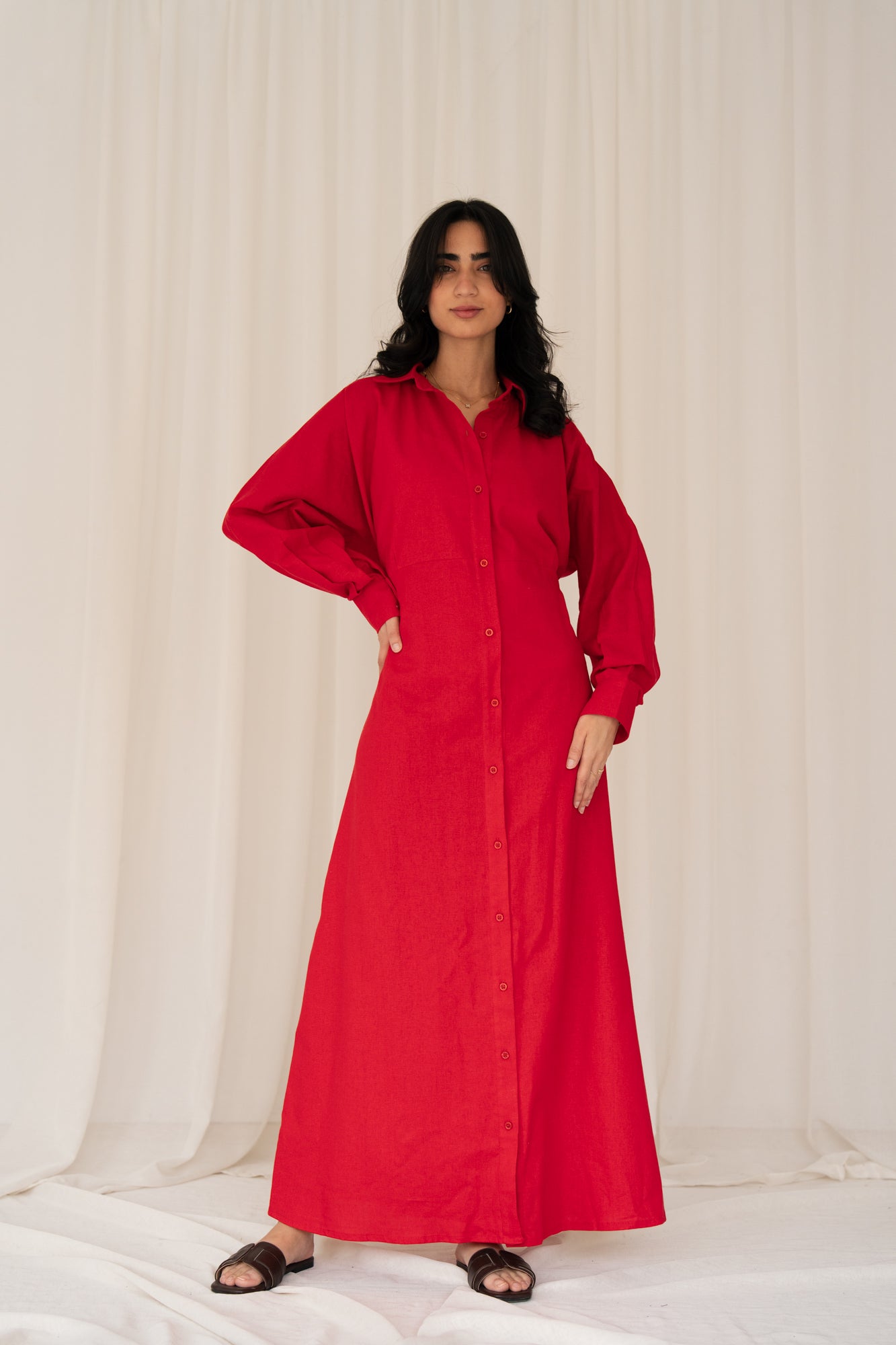 Linen Flow Shirt Dress in Red