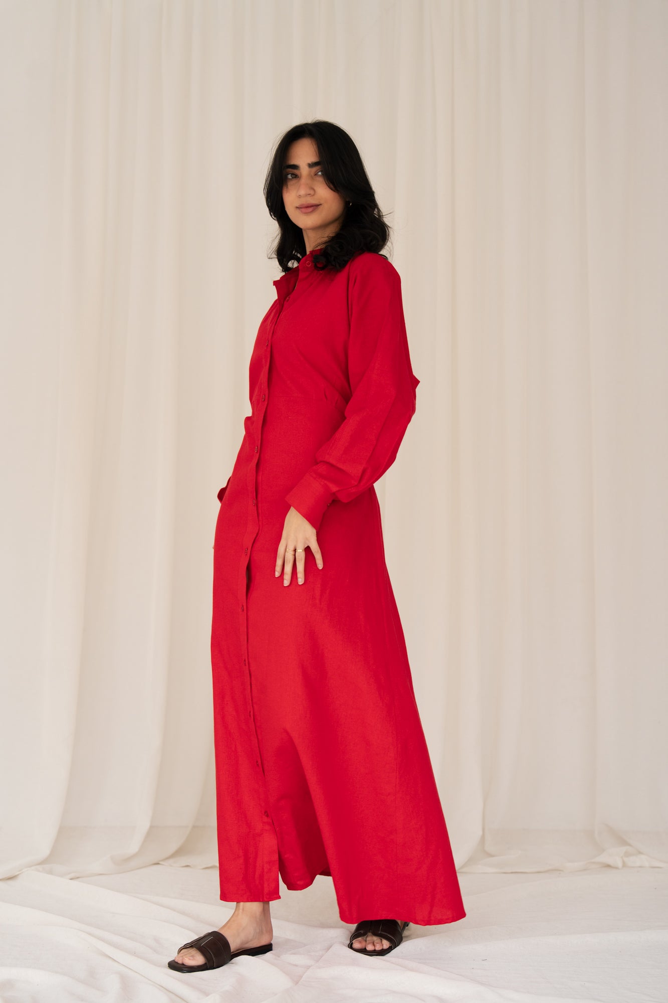Linen Flow Shirt Dress in Red