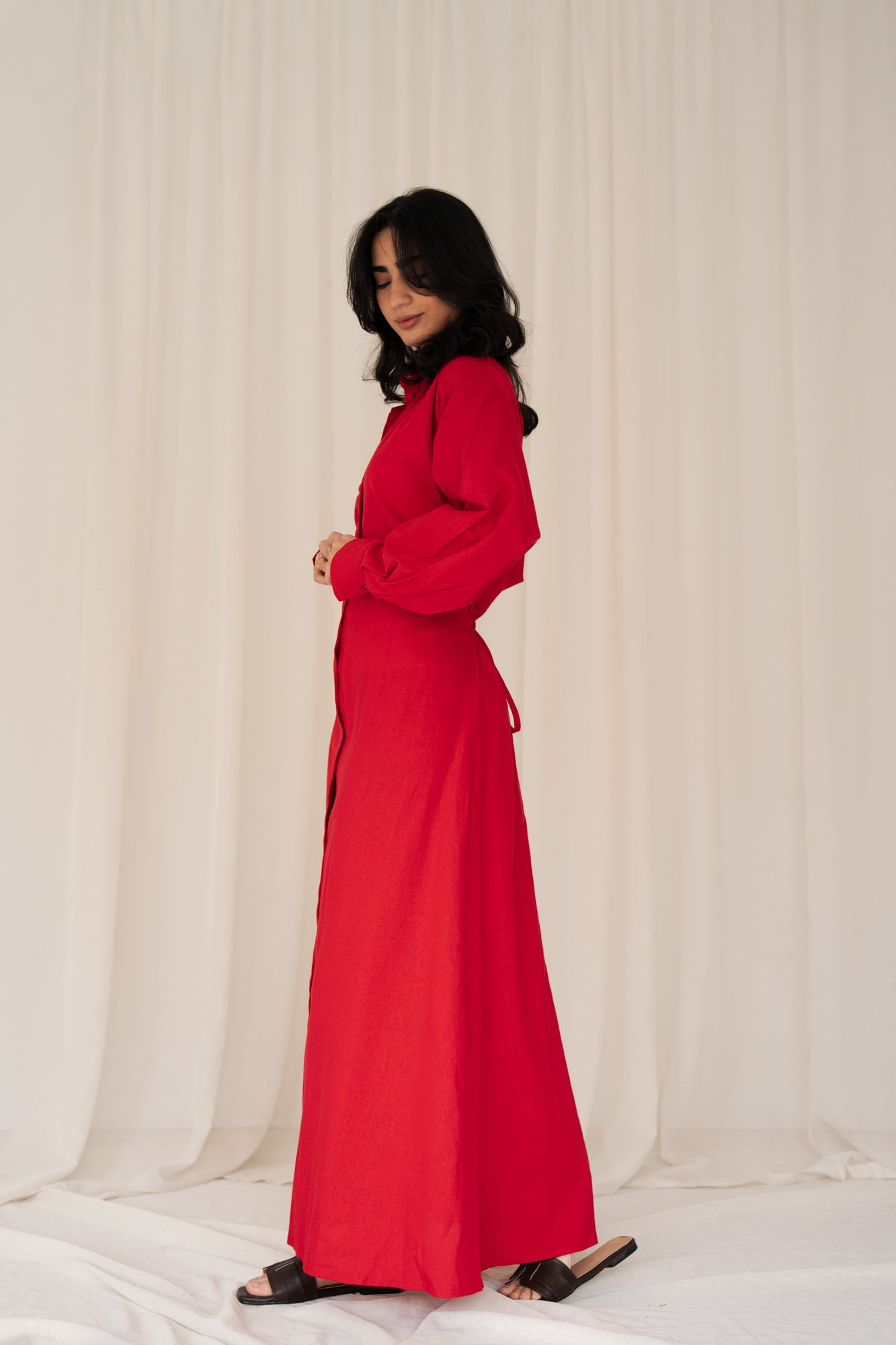 Linen Flow Shirt Dress in Red