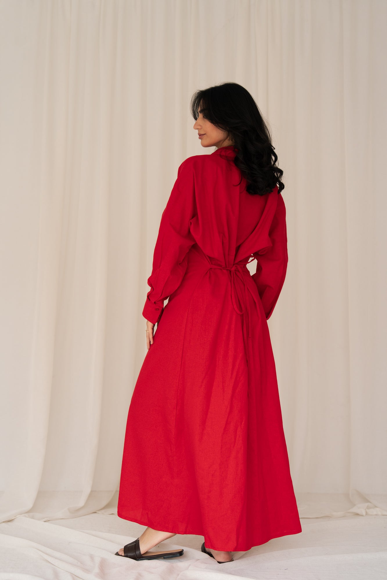 Linen Flow Shirt Dress in Red