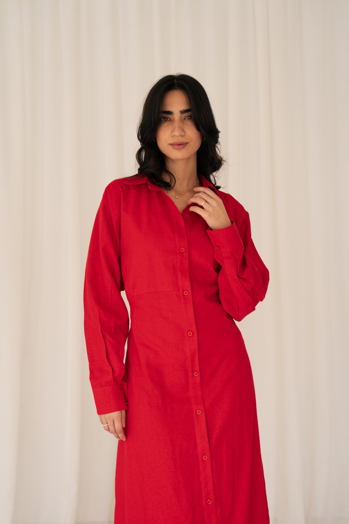 Linen Flow Shirt Dress in Red