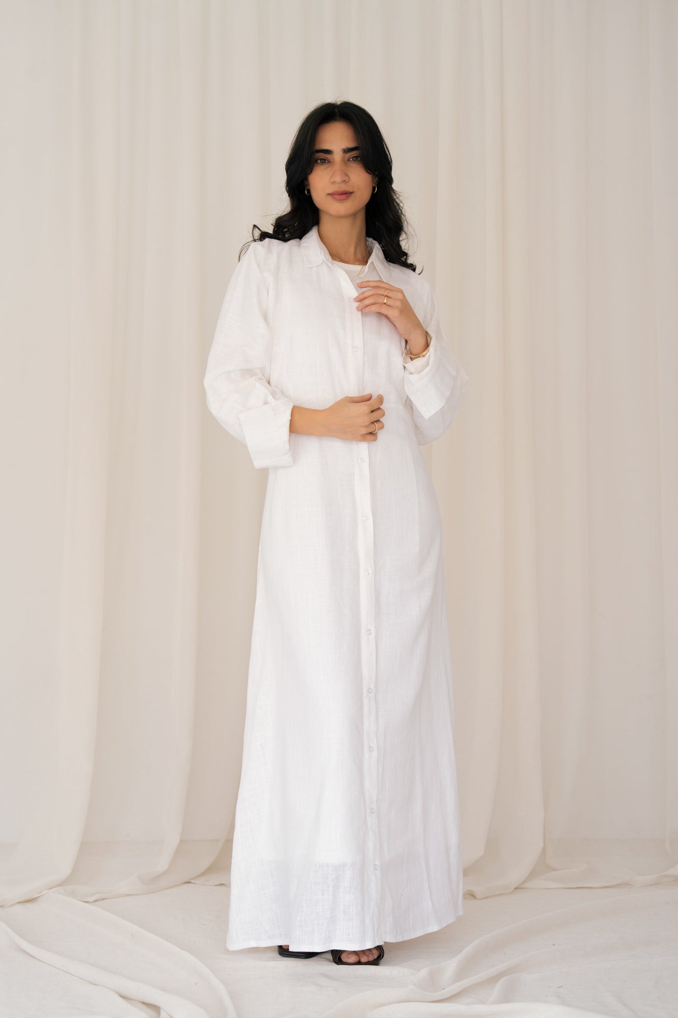 Linen Flow Shirt Dress in Offwhite