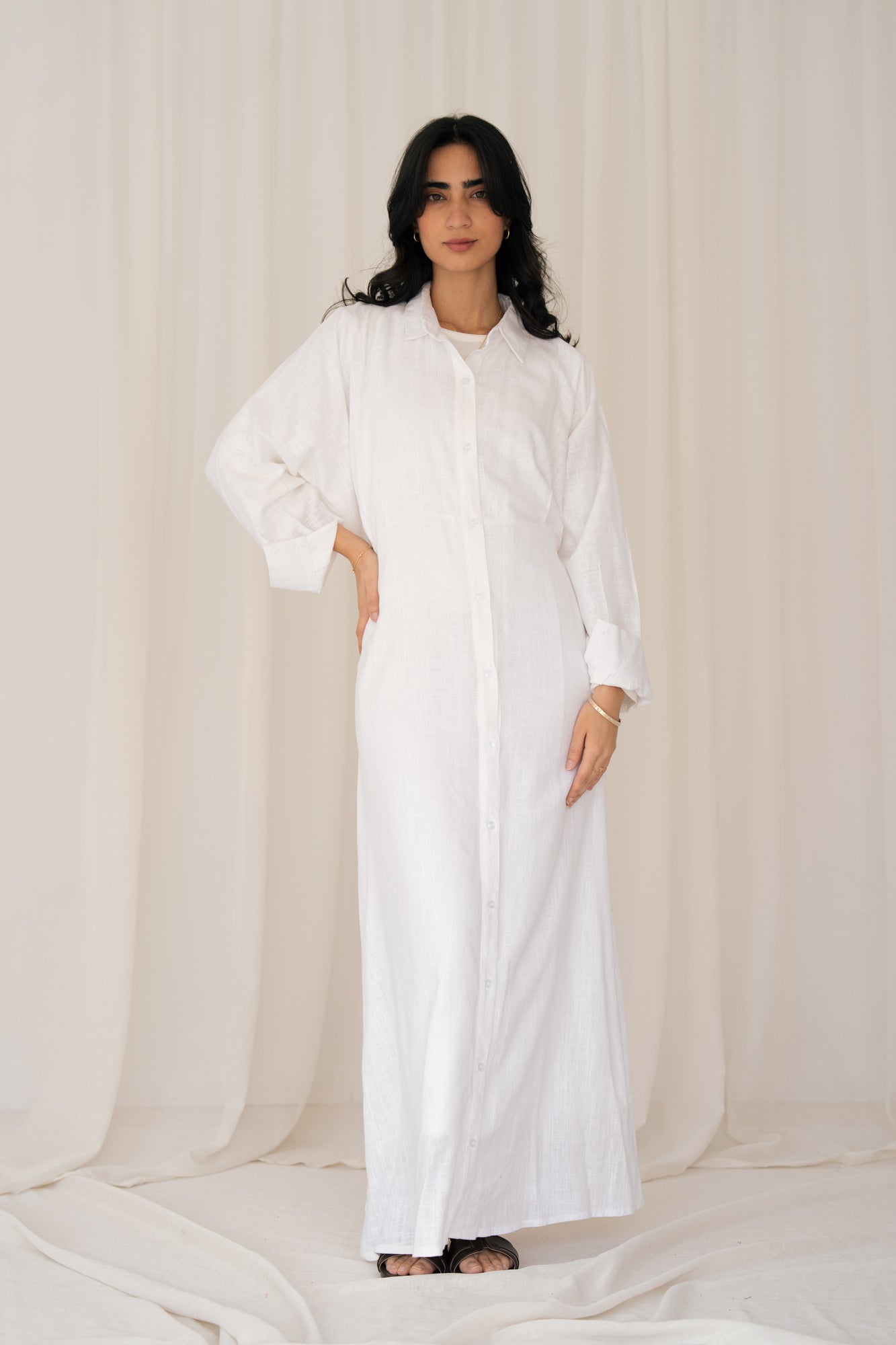 Linen Flow Shirt Dress in Offwhite