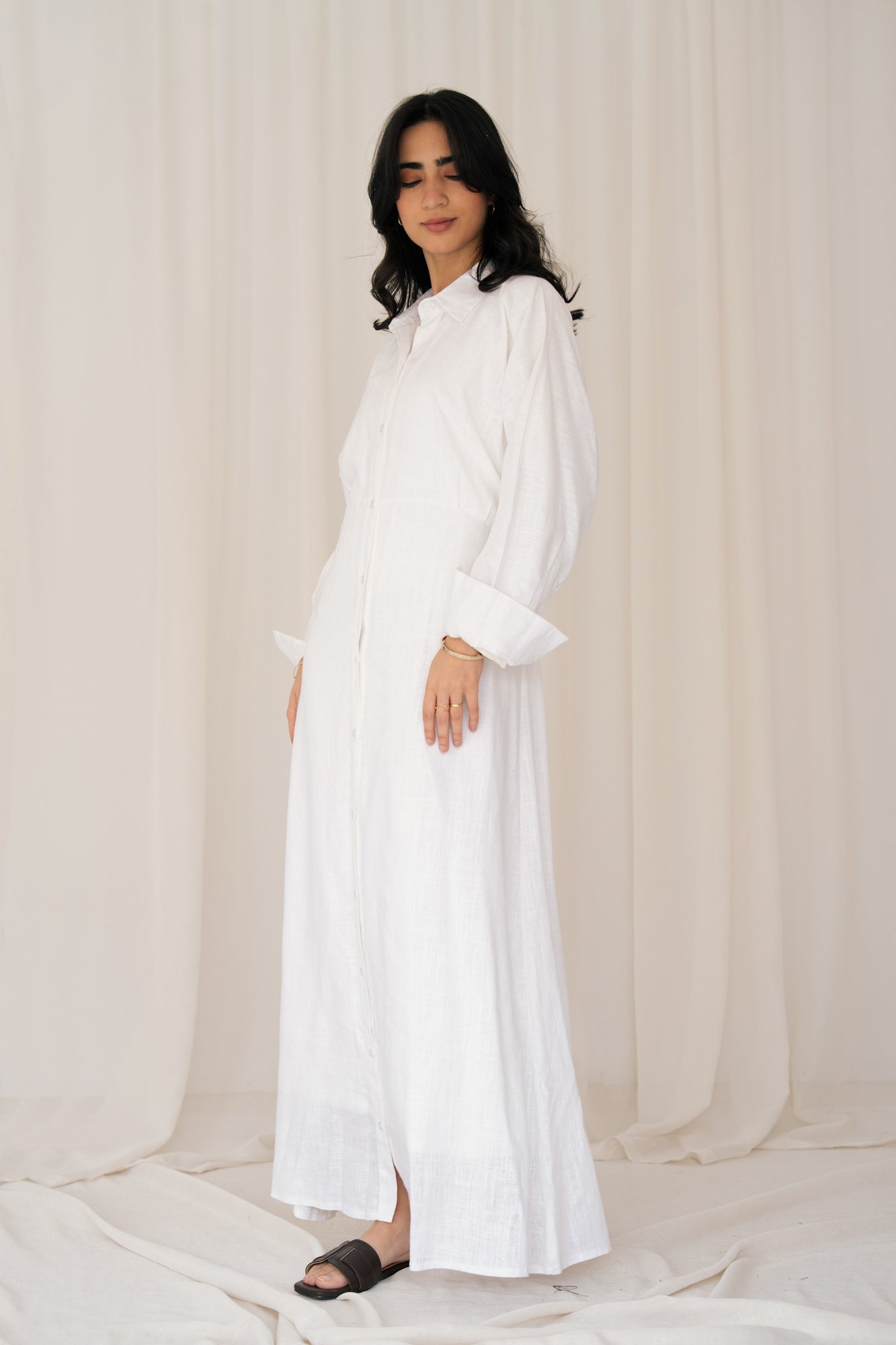 Linen Flow Shirt Dress in Offwhite