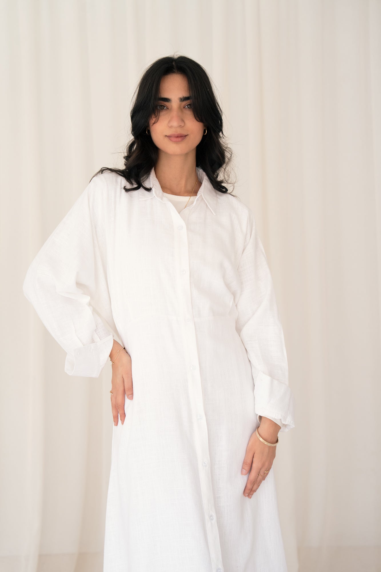 Linen Flow Shirt Dress in Offwhite