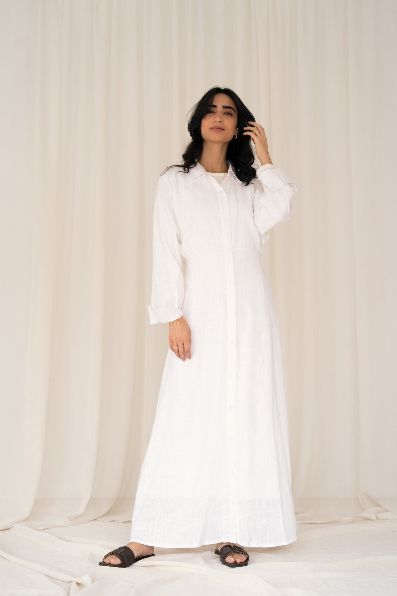Linen Flow Shirt Dress in Offwhite