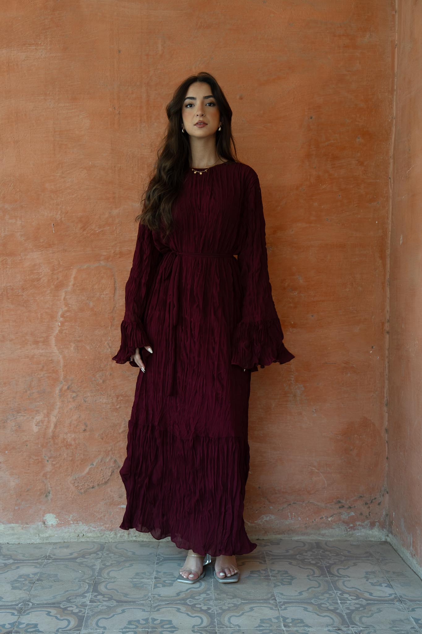 Sunshine Pleated Chiffon Dress in Maroon