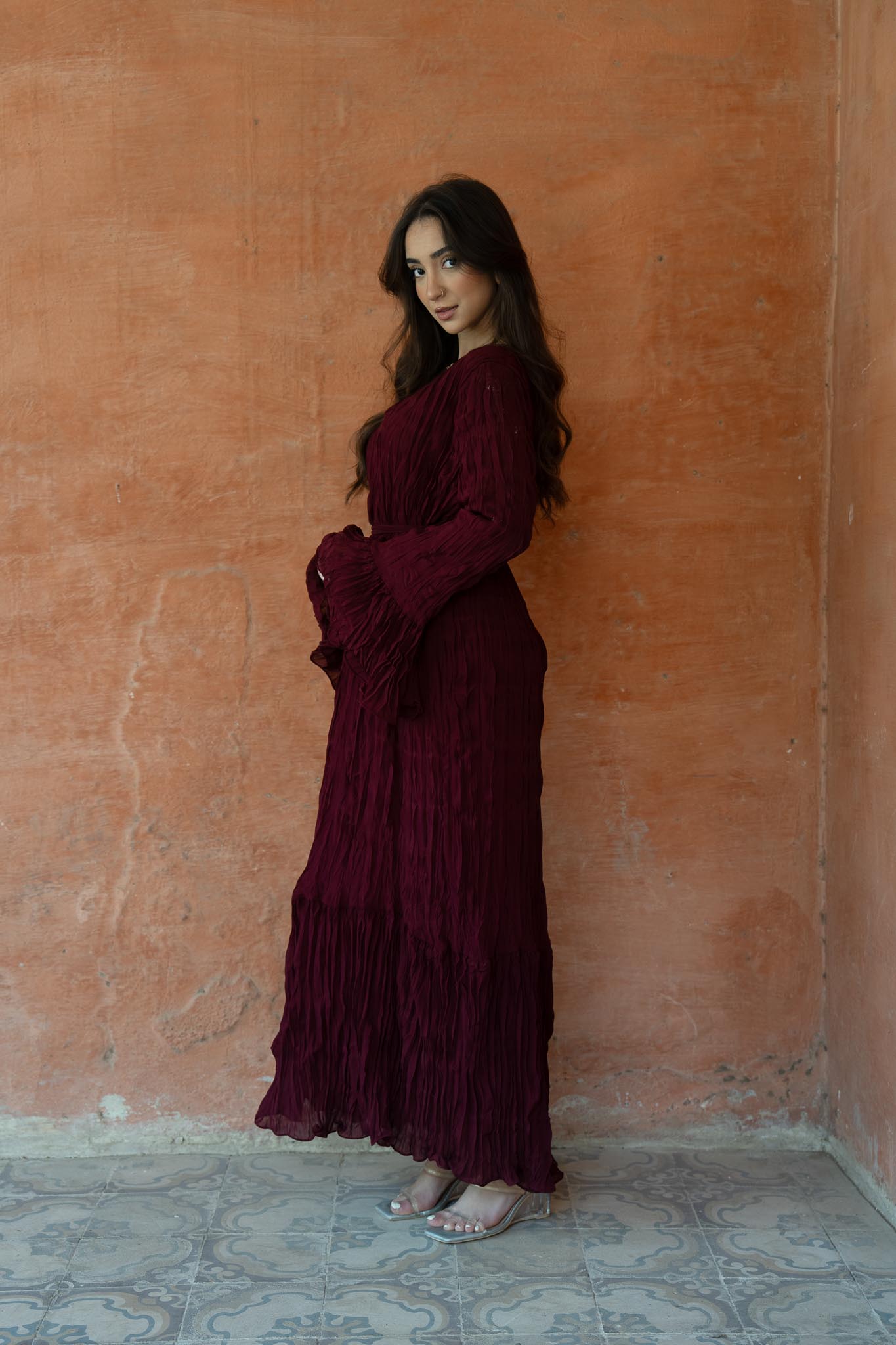 Sunshine Pleated Chiffon Dress in Maroon
