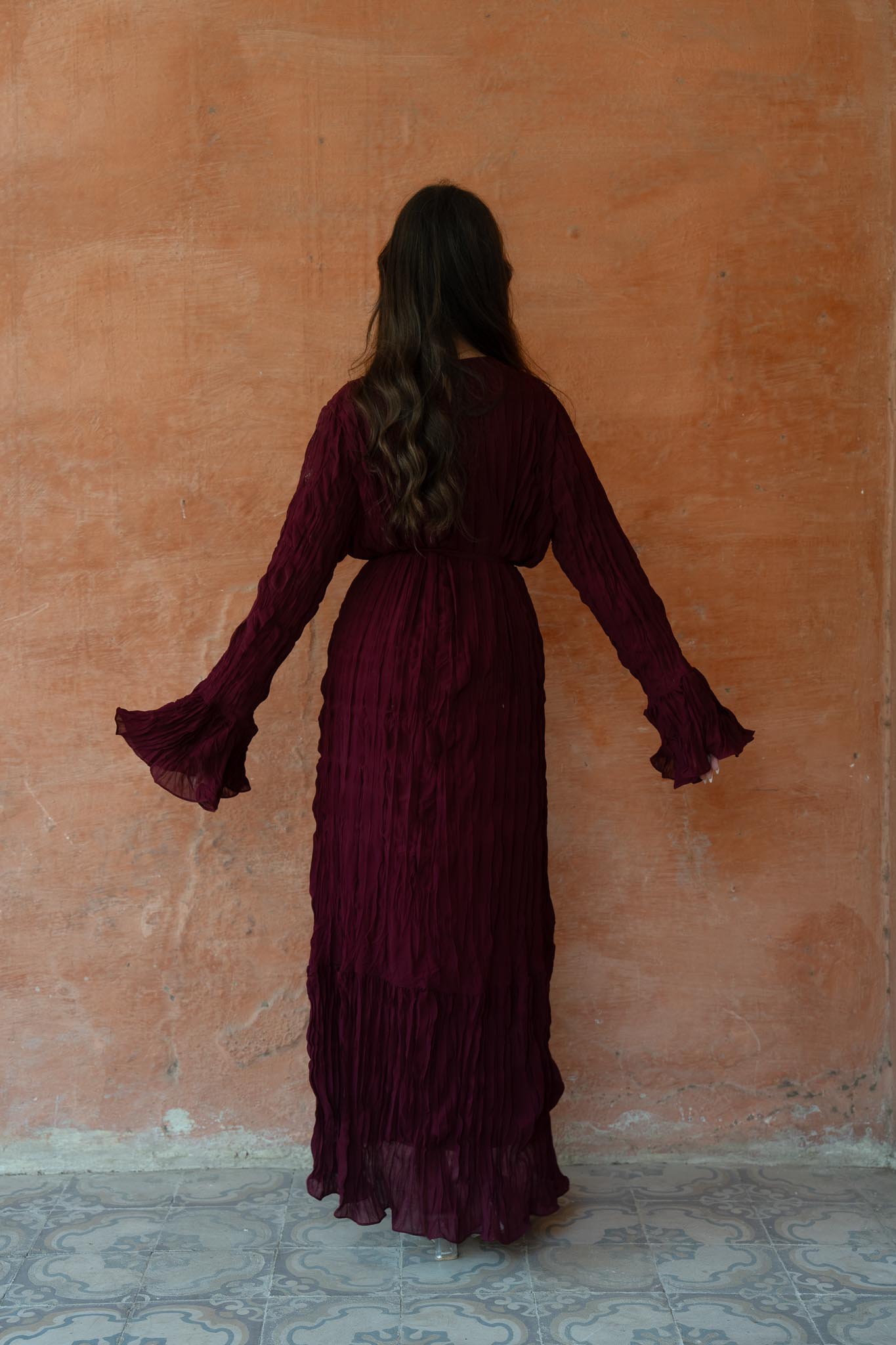 Sunshine Pleated Chiffon Dress in Maroon