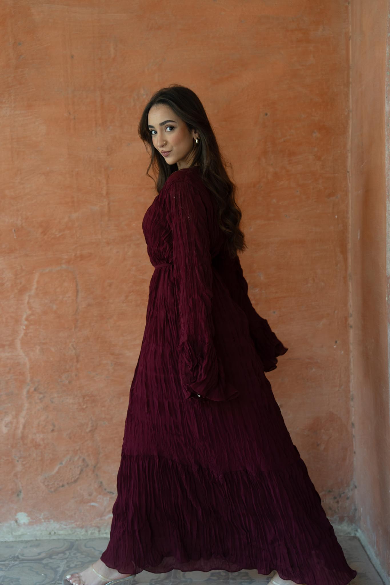 Sunshine Pleated Chiffon Dress in Maroon