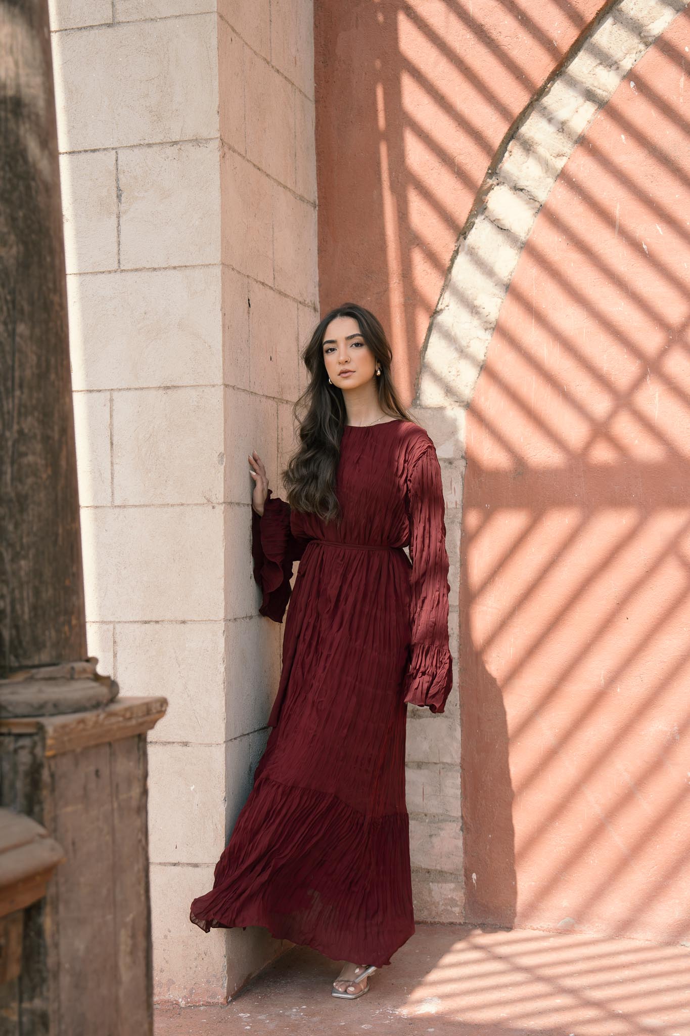 Sunshine Pleated Chiffon Dress in Maroon