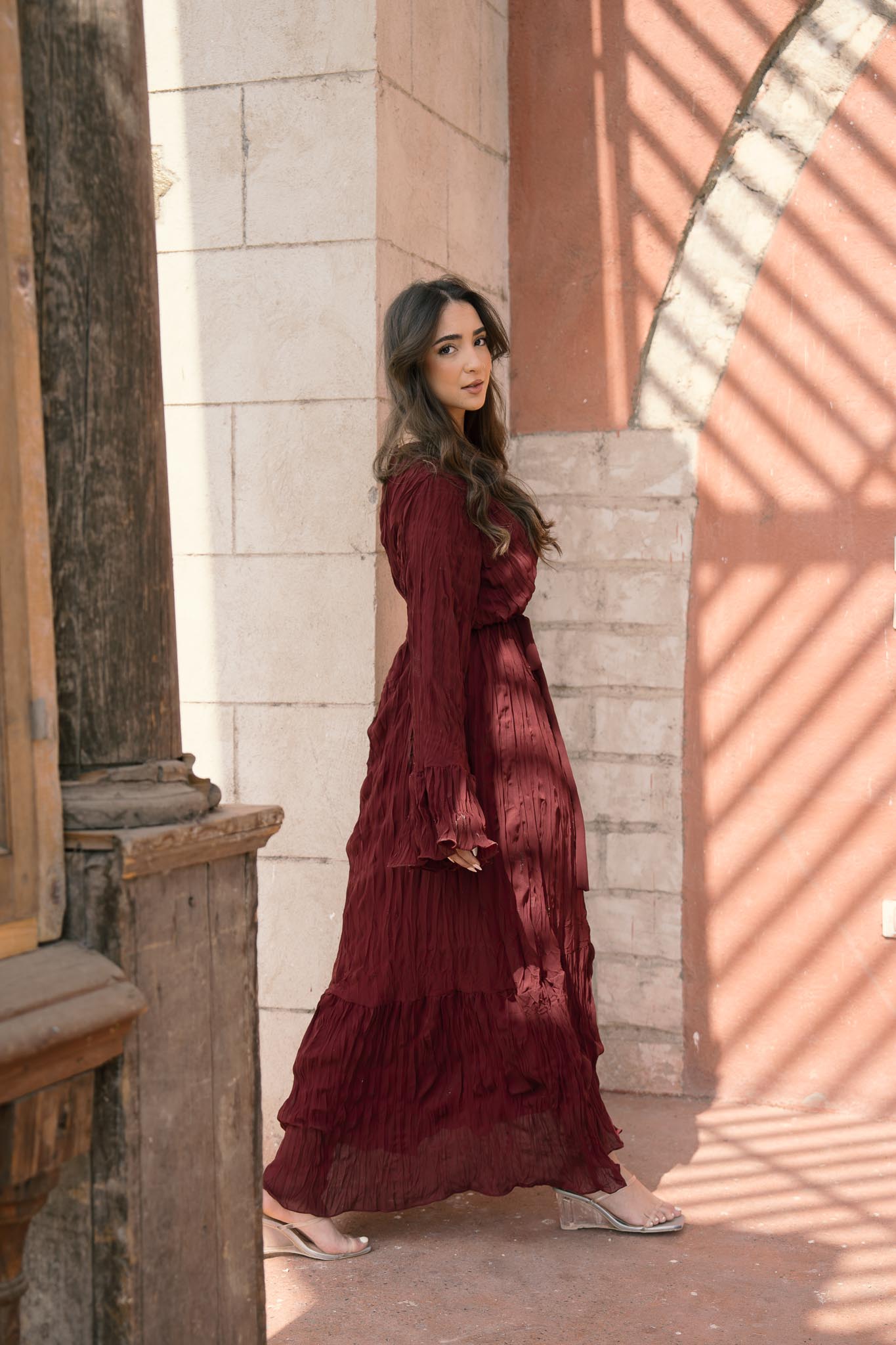 Sunshine Pleated Chiffon Dress in Maroon