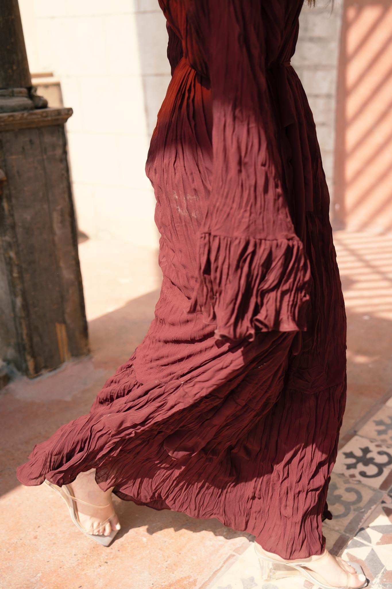 Sunshine Pleated Chiffon Dress in Maroon