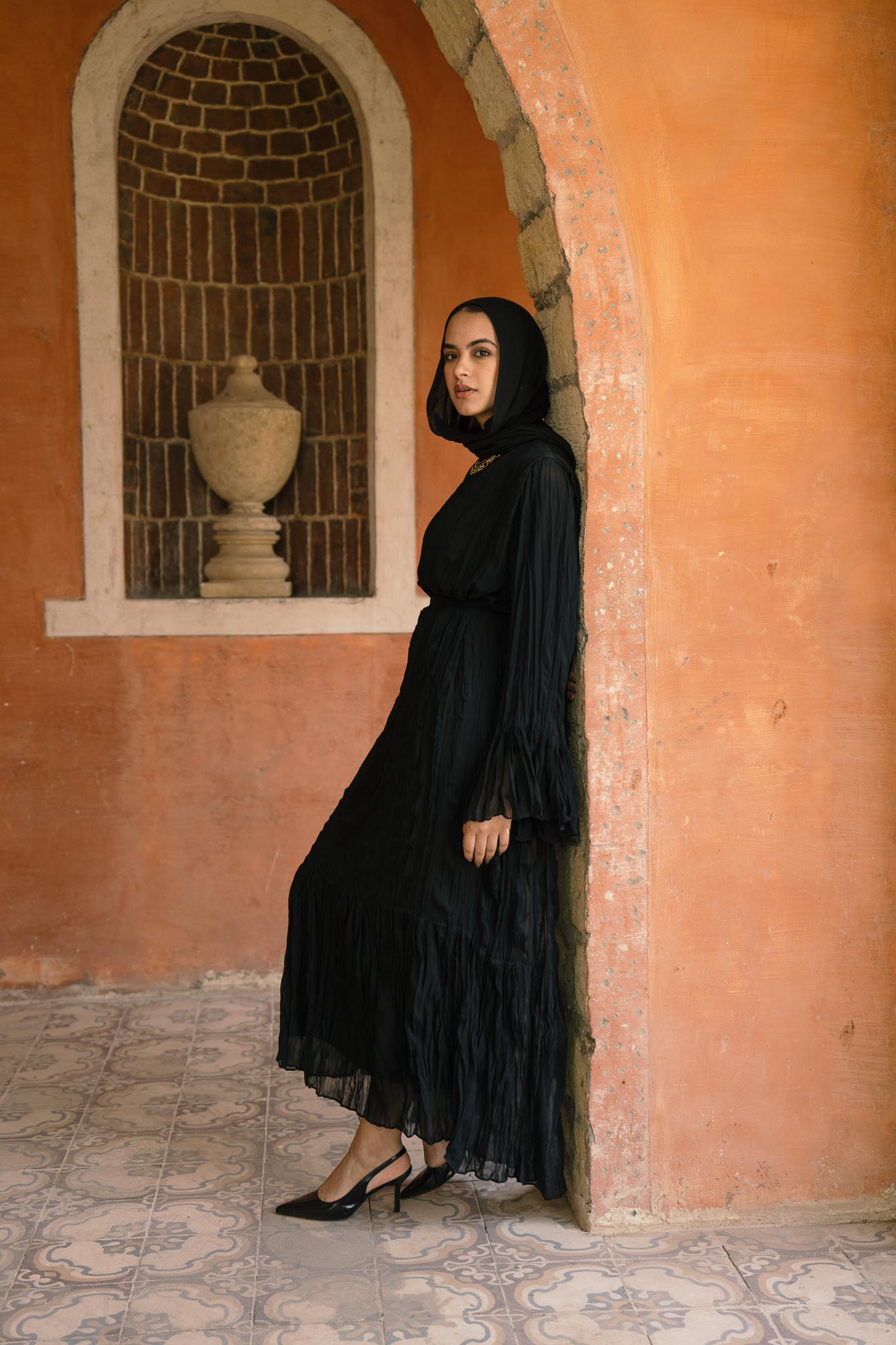 Sunshine Pleated Chiffon Dress in Black