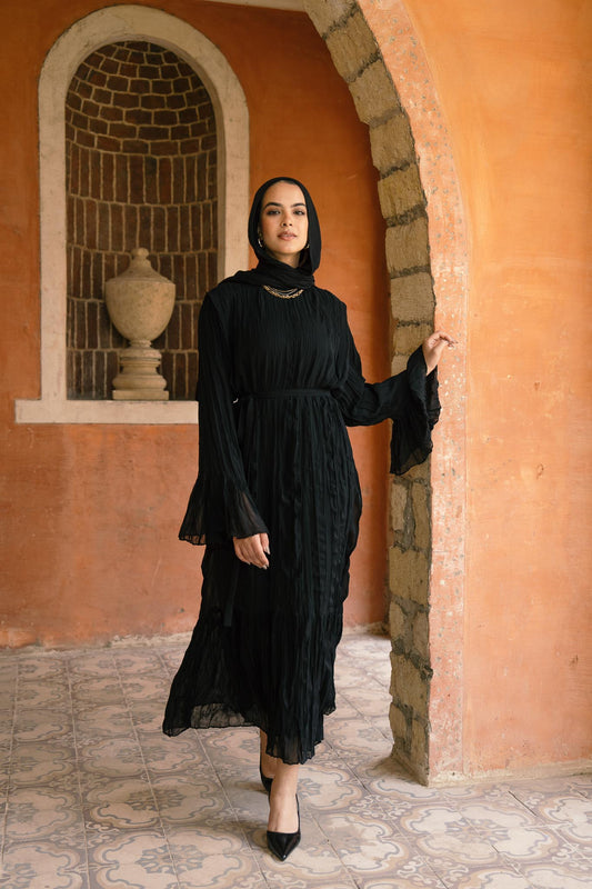 Sunshine Pleated Chiffon Dress in Black