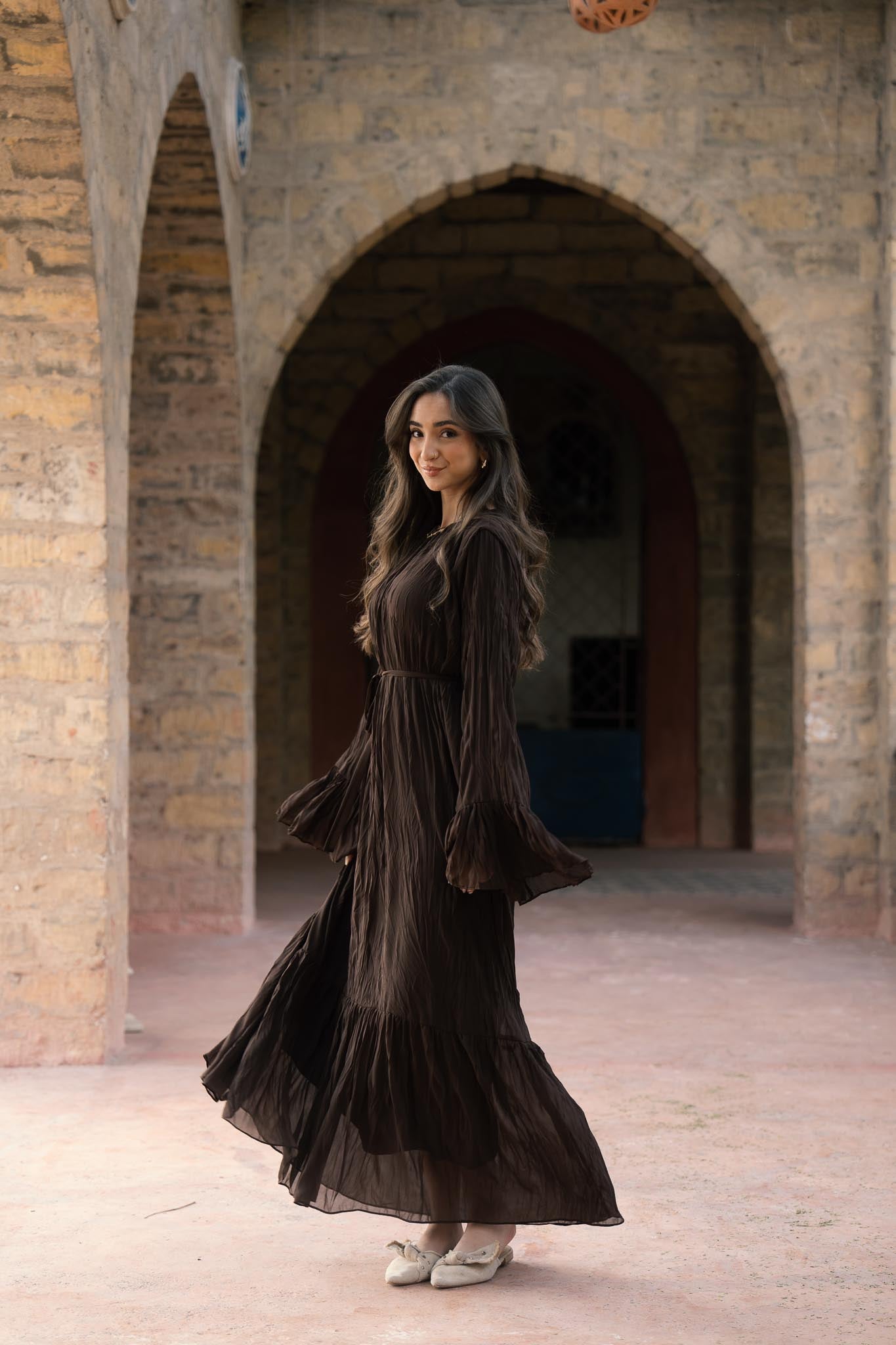 Sunshine Pleated Chiffon Dress in Brown