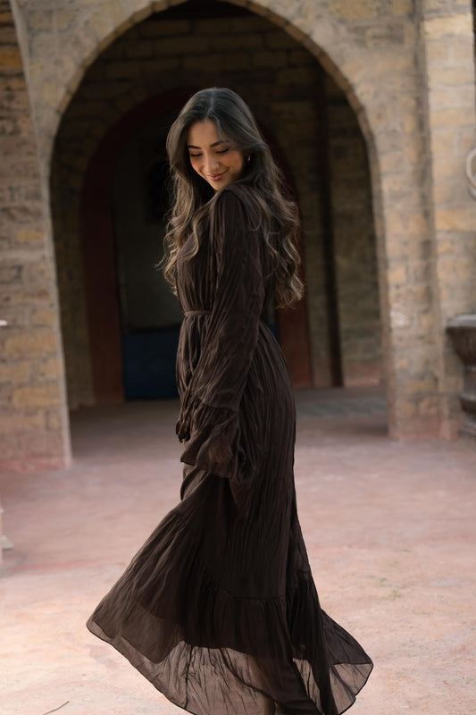 Sunshine Pleated Chiffon Dress in Brown