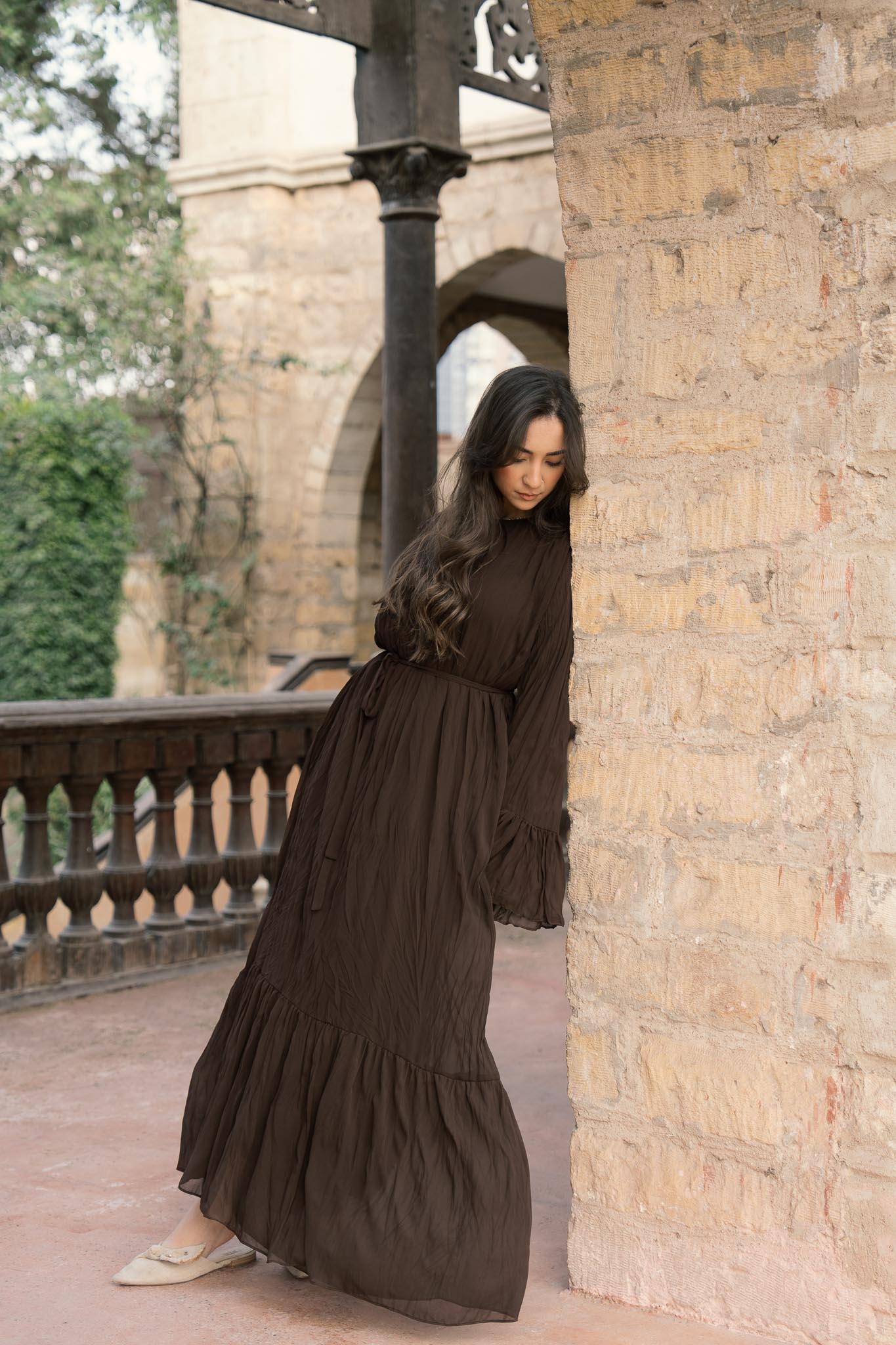 Sunshine Pleated Chiffon Dress in Brown
