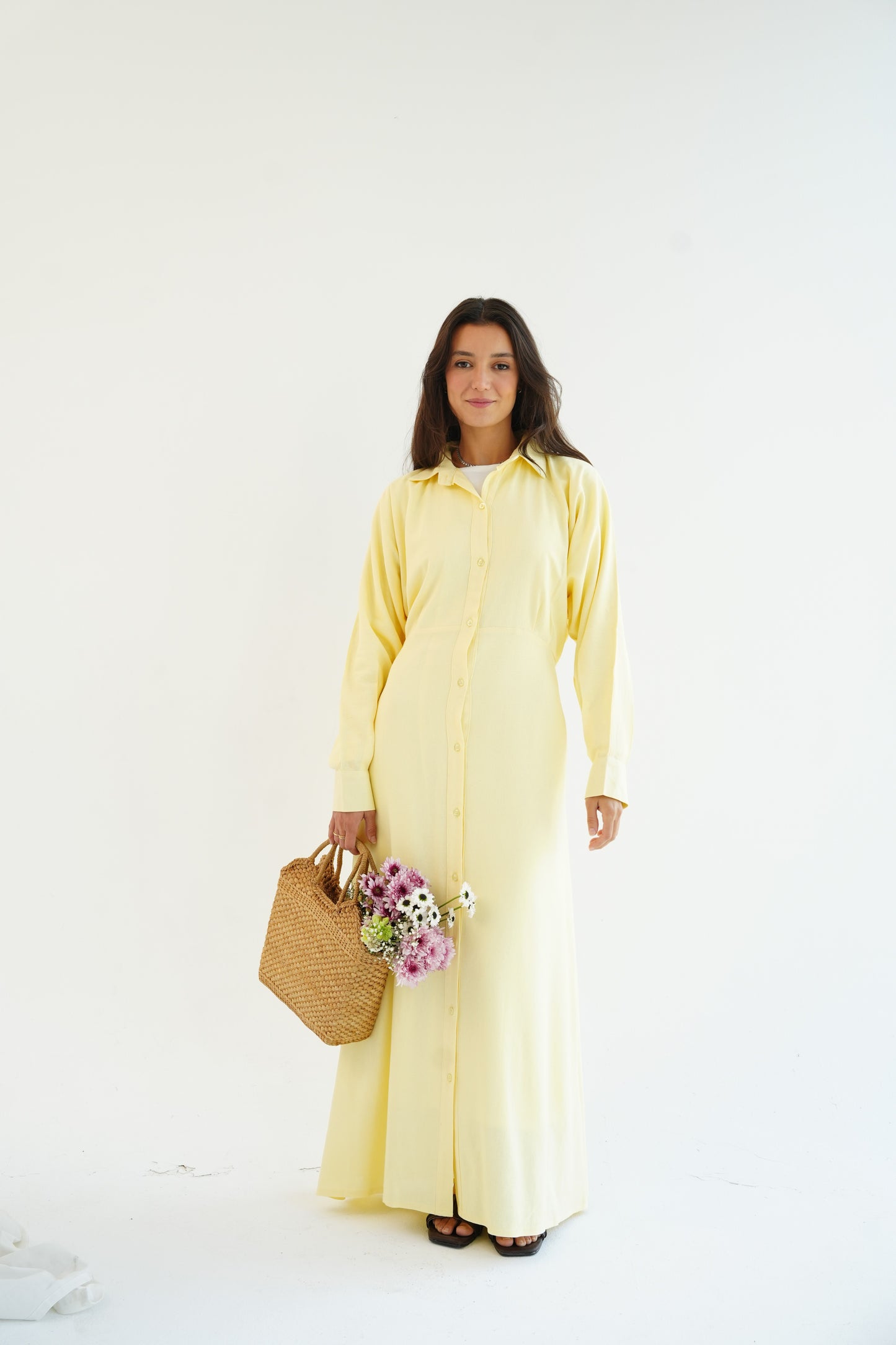 Linen Flow Shirt Dress in Butter Yellow