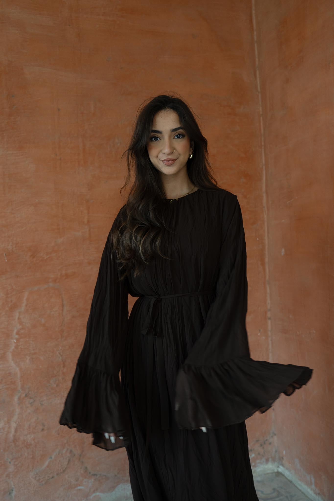 Sunshine Pleated Chiffon Dress in Brown