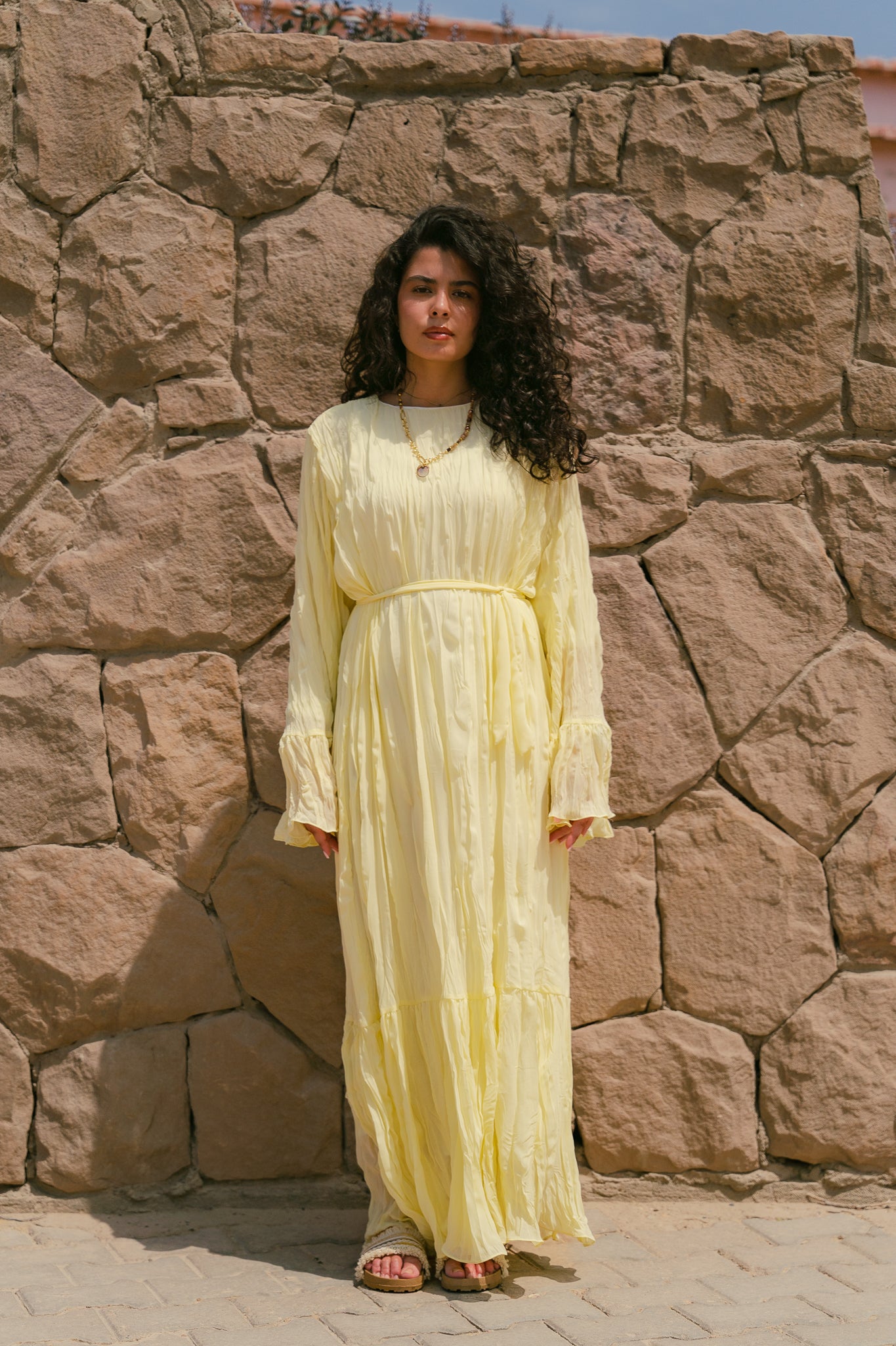 Sunshine Pleated Chiffon Dress in Yellow
