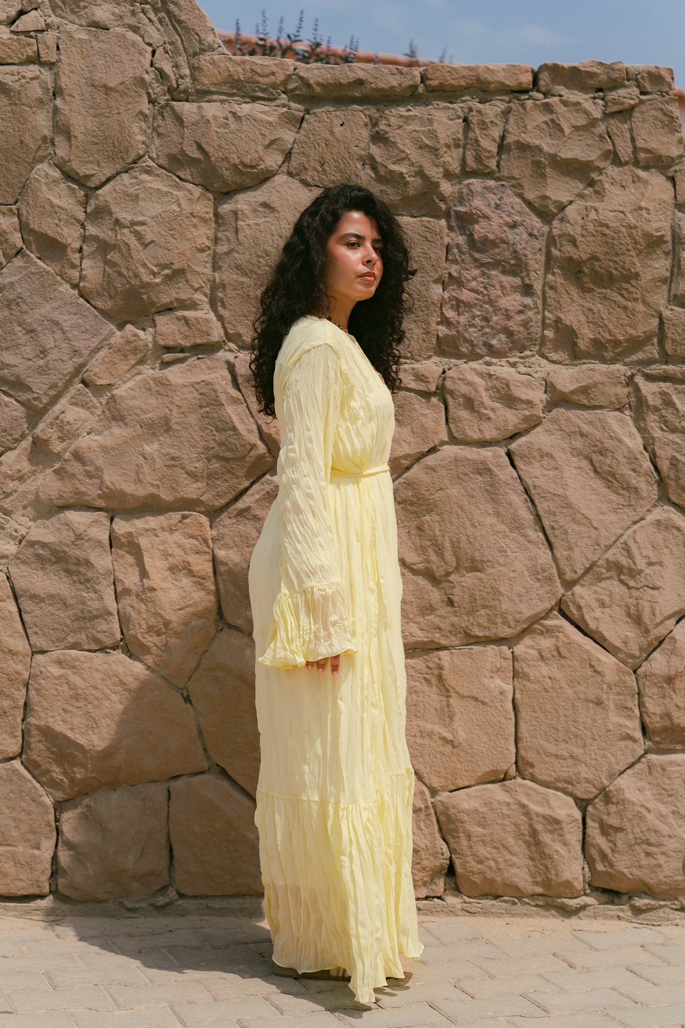 Sunshine Pleated Chiffon Dress in Yellow