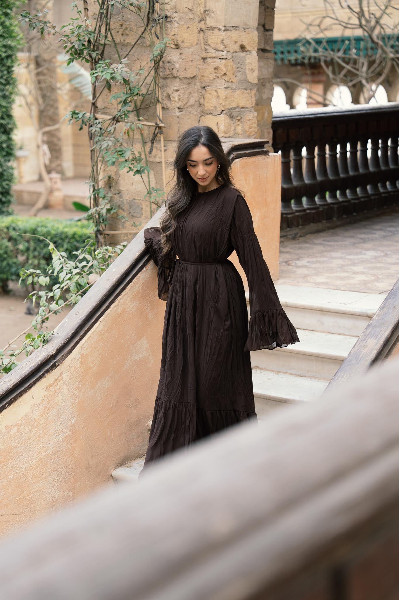 Sunshine Pleated Chiffon Dress in Brown