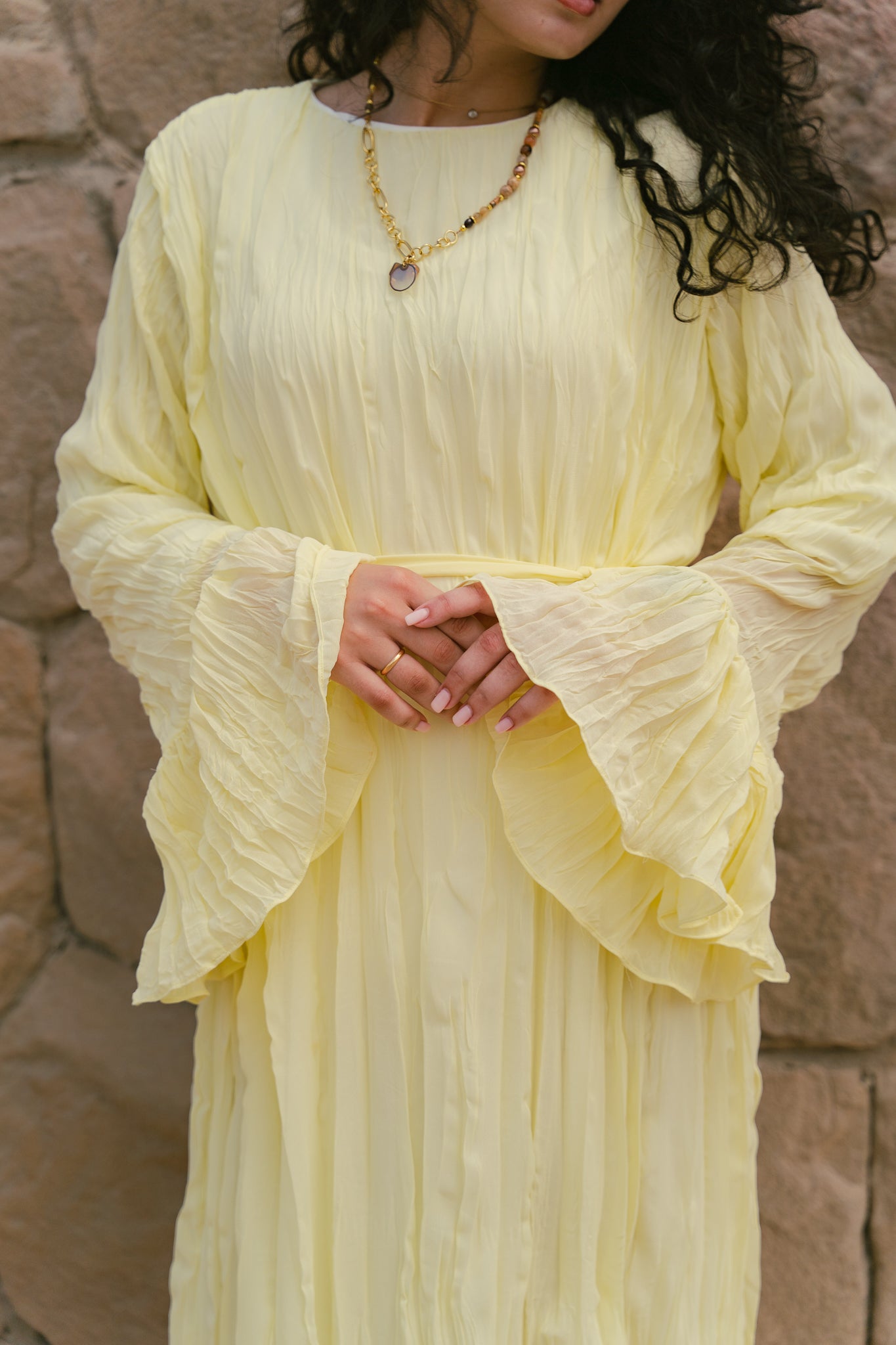 Sunshine Pleated Chiffon Dress in Yellow
