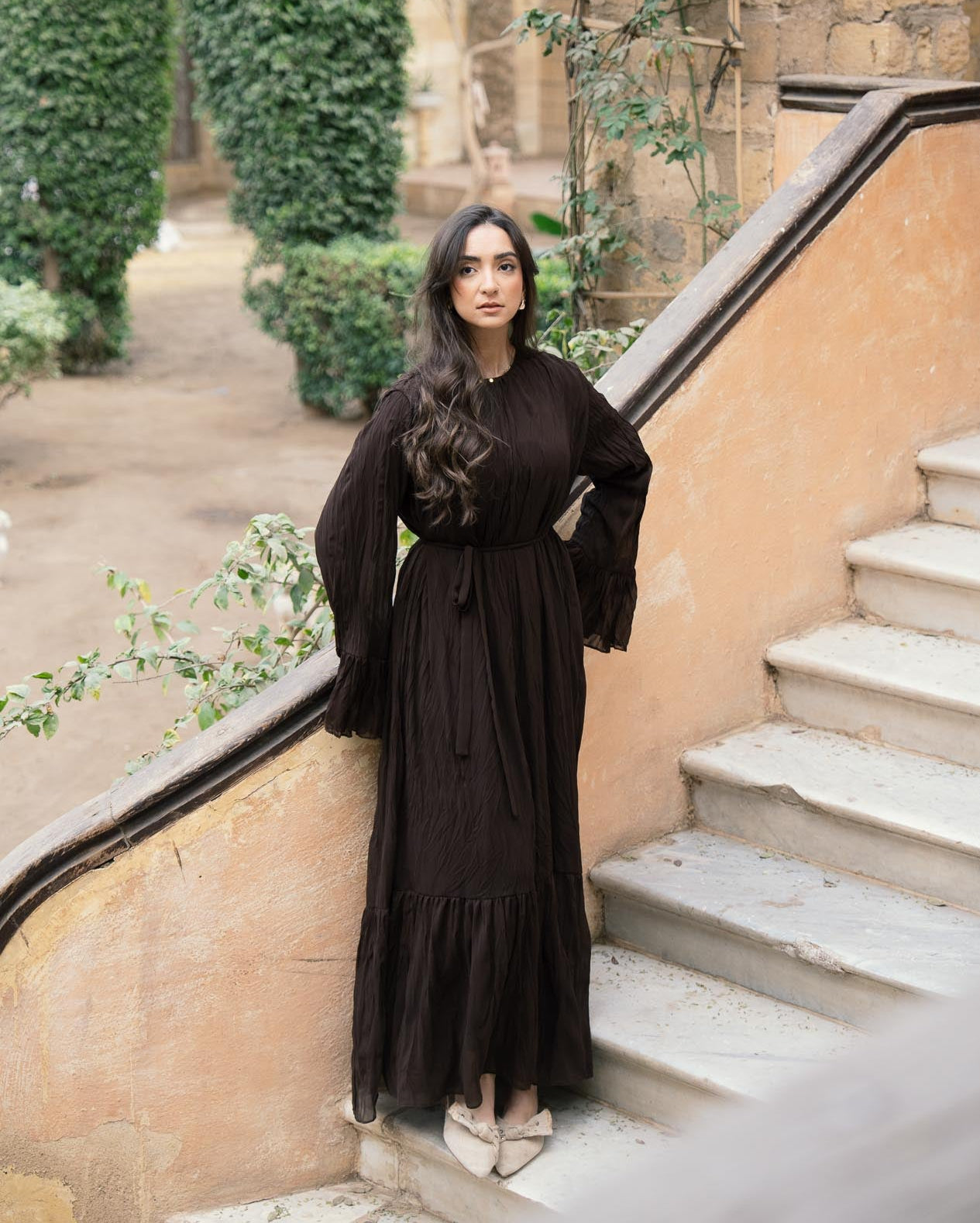 Sunshine Pleated Chiffon Dress in Brown