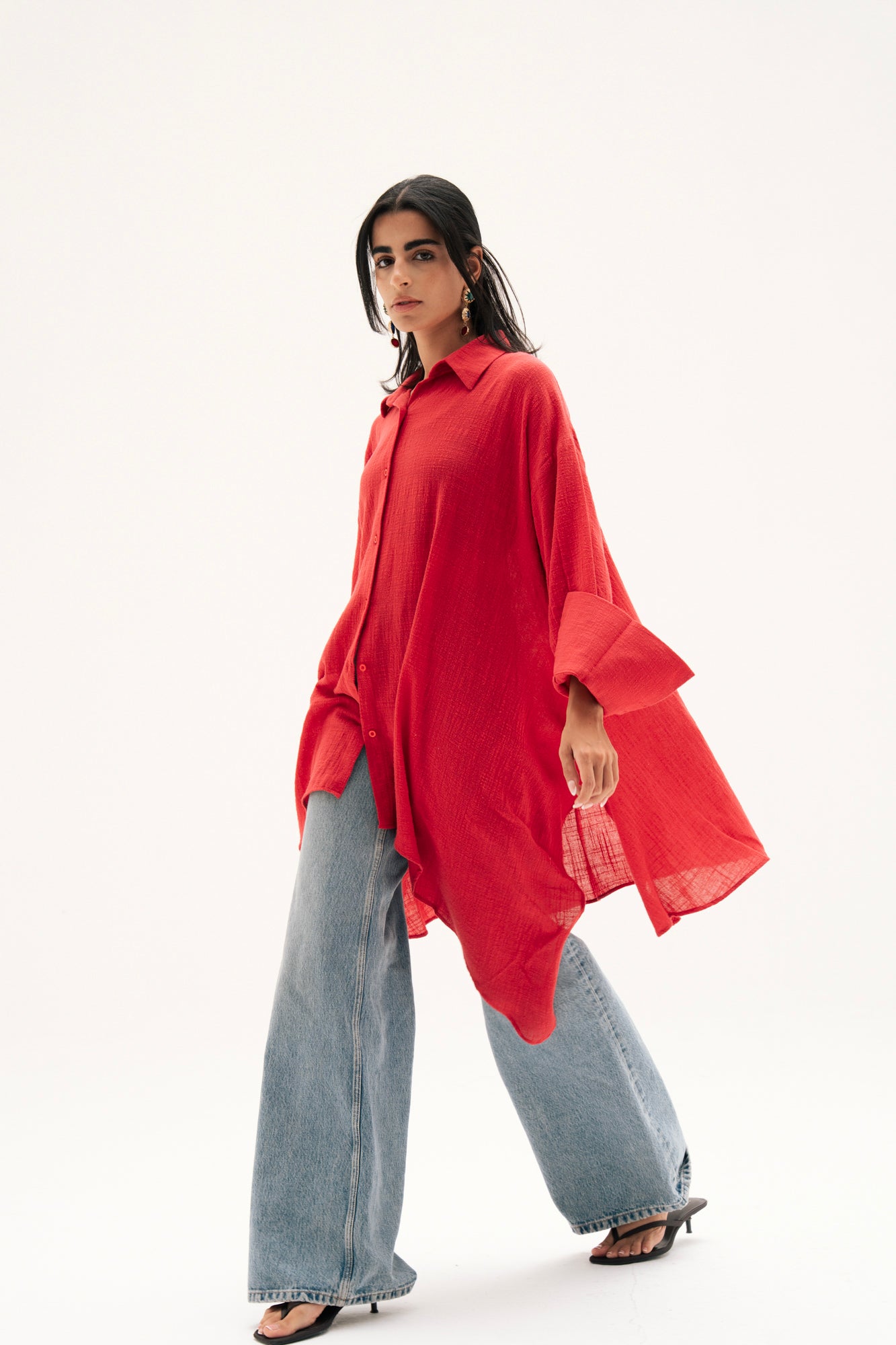 Asymmetric Linen Shirt in Red