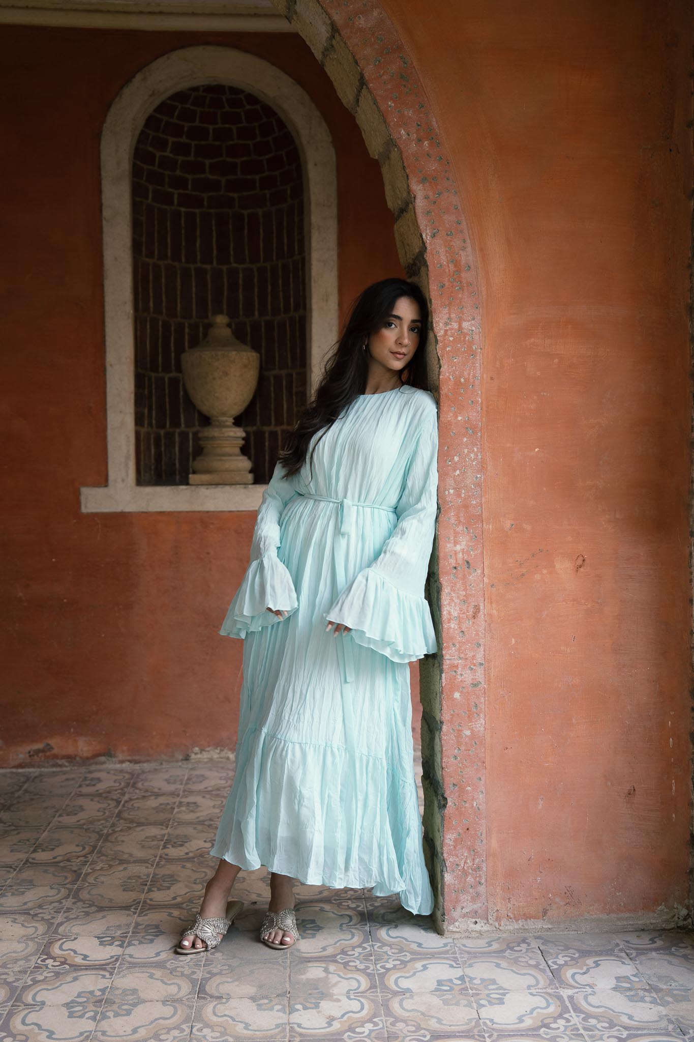 Sunshine Pleated Chiffon Dress in Aqua