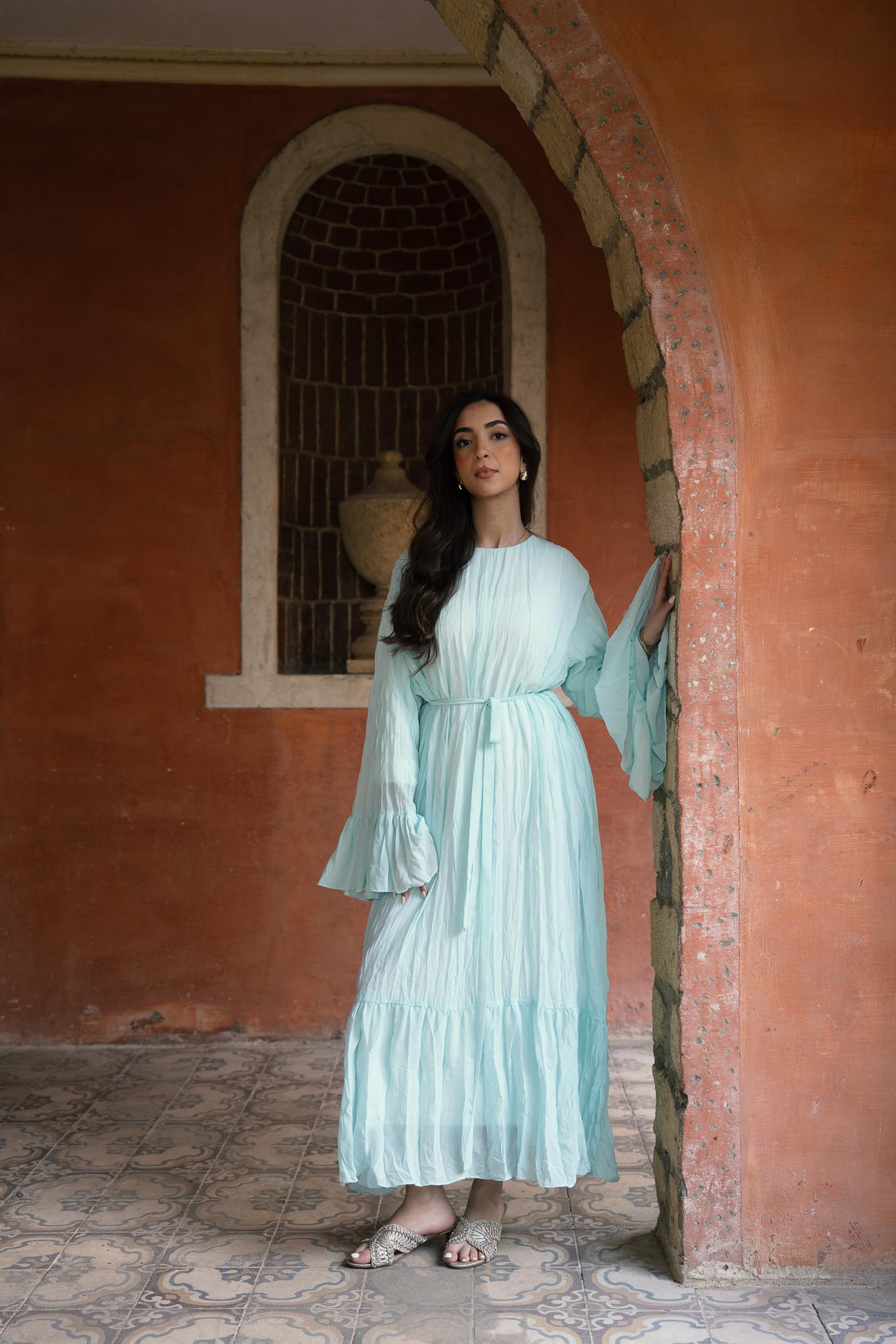 Sunshine Pleated Chiffon Dress in Aqua
