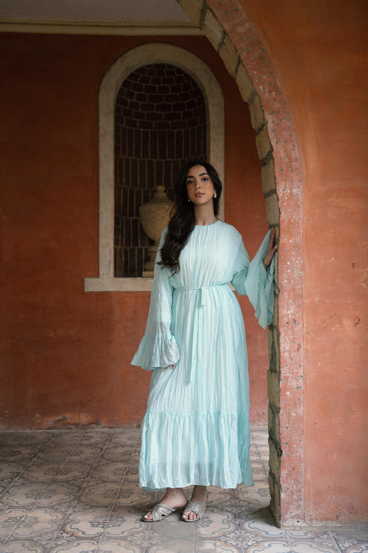 Sunshine Pleated Chiffon Dress in Aqua