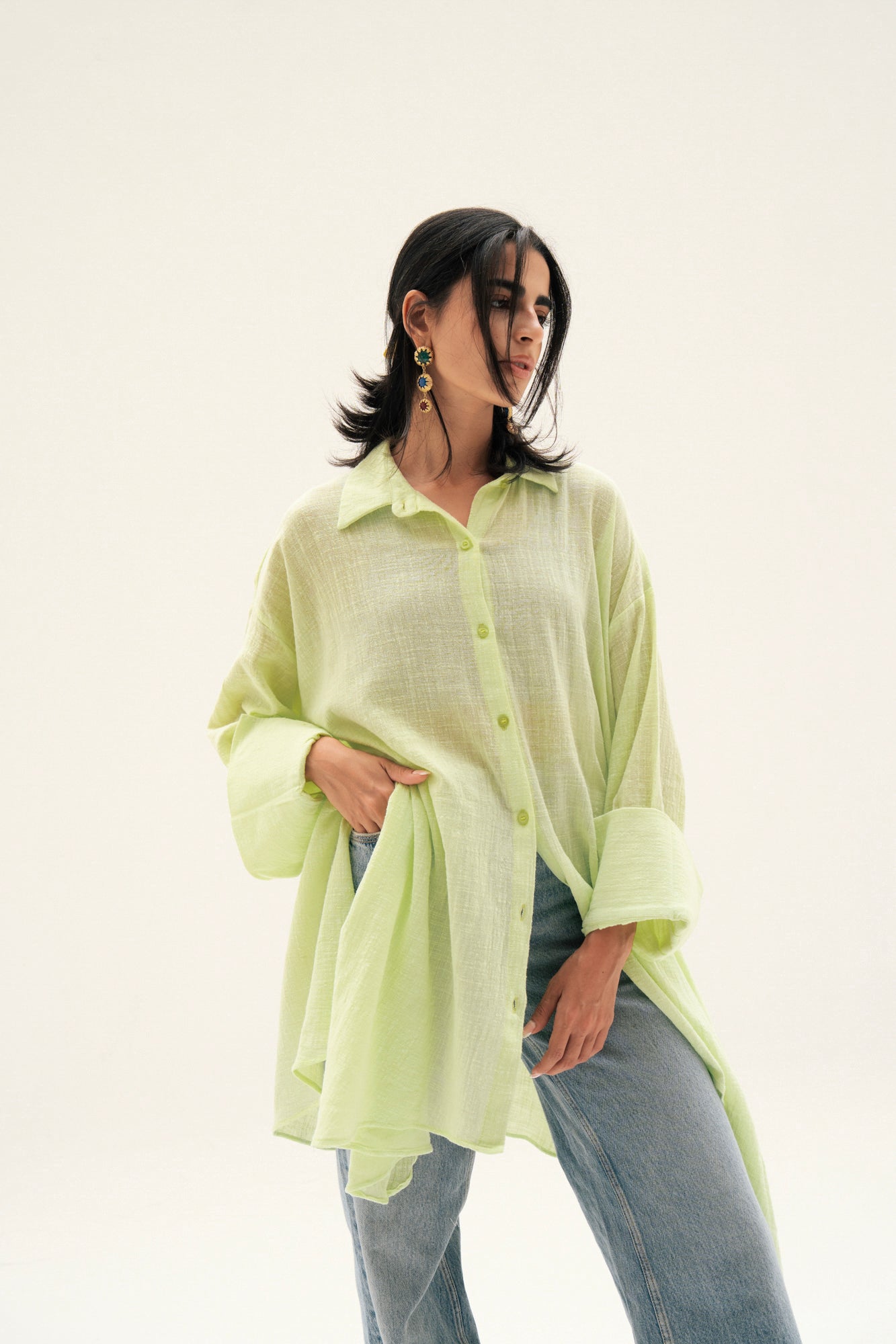 Asymmetric Linen Shirt in Apple Green
