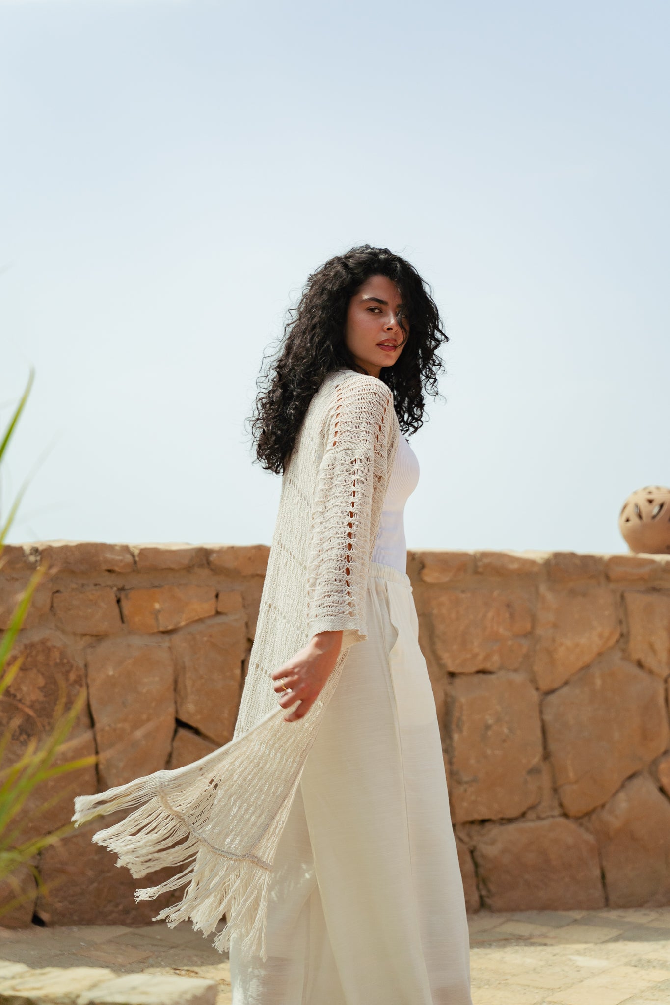 Knit Fringe Cardigan in Offwhite