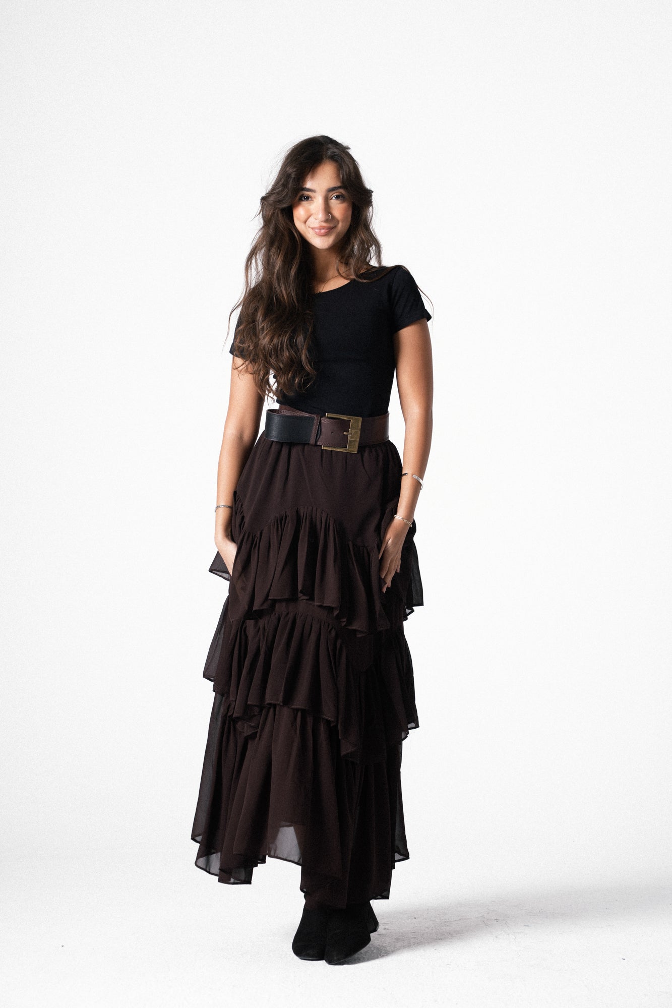 Ruffle Chiffon Skirt in Brown