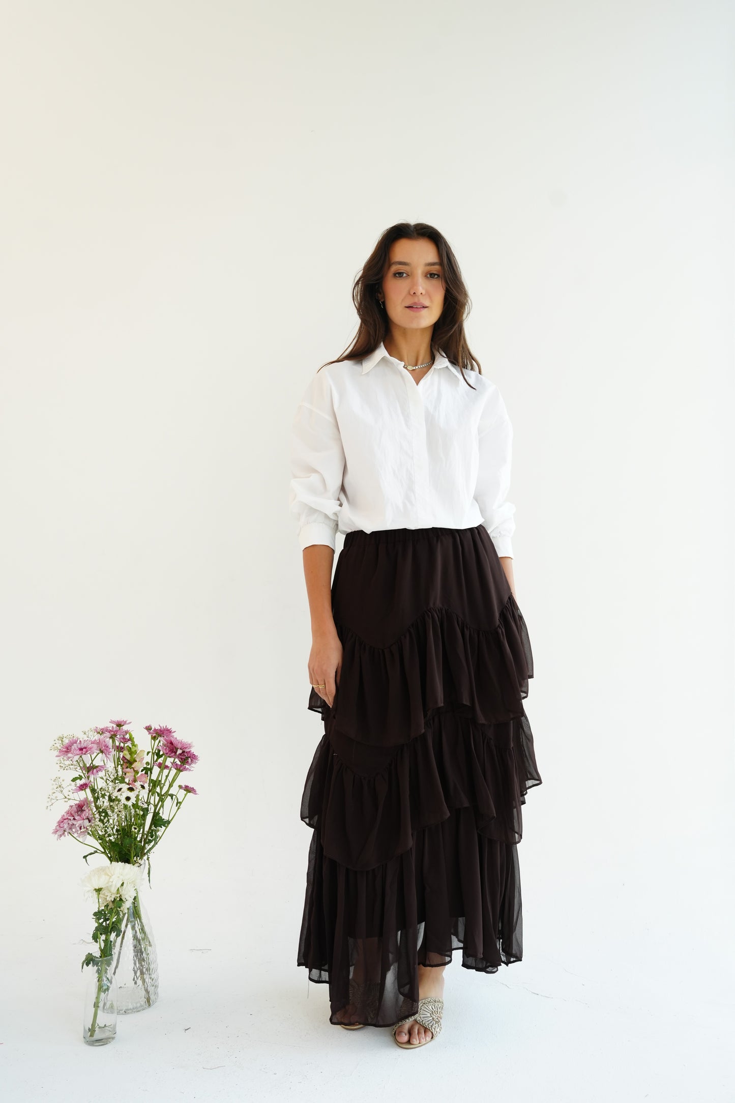 Ruffle Chiffon Skirt in Brown
